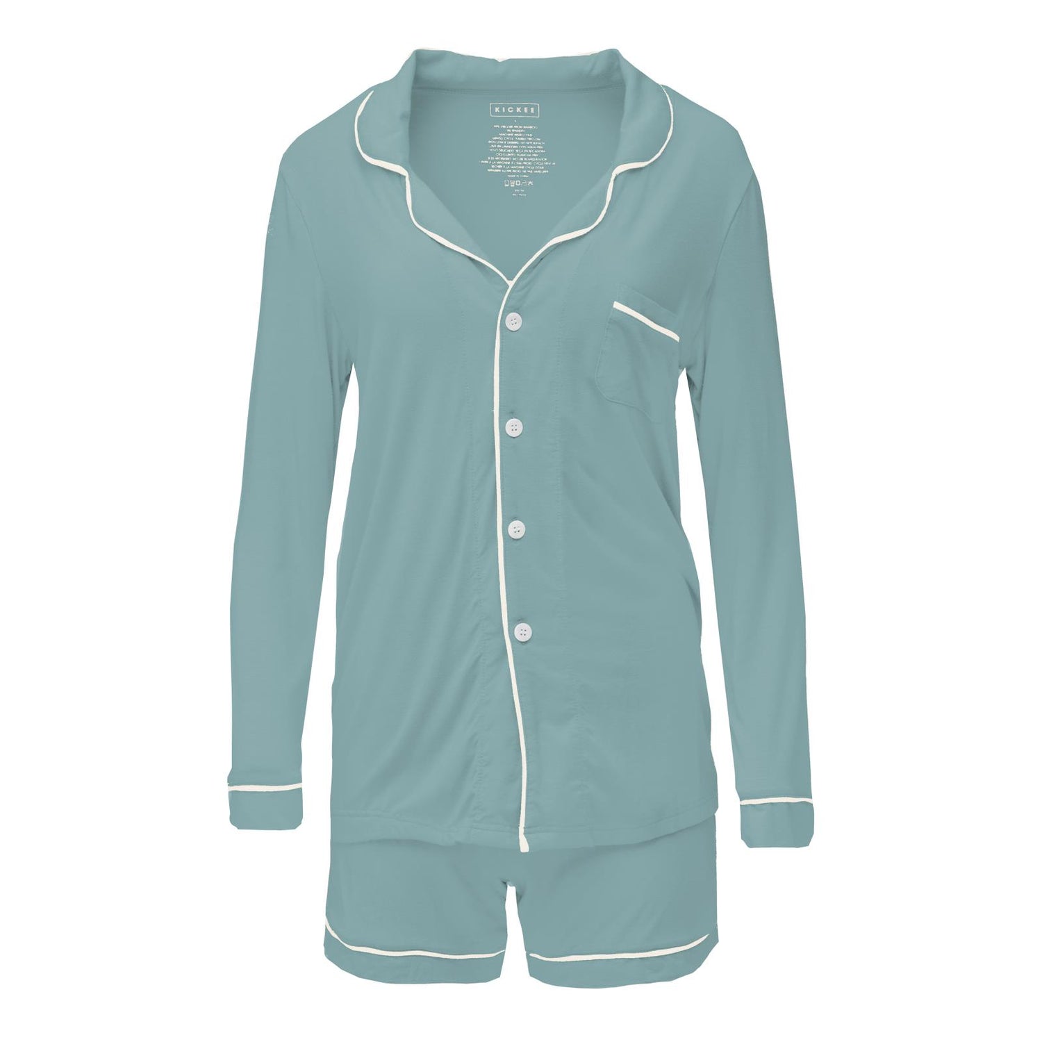 Women's Long Sleeve Collared Pajama Set with Shorts in Jade with Natural
