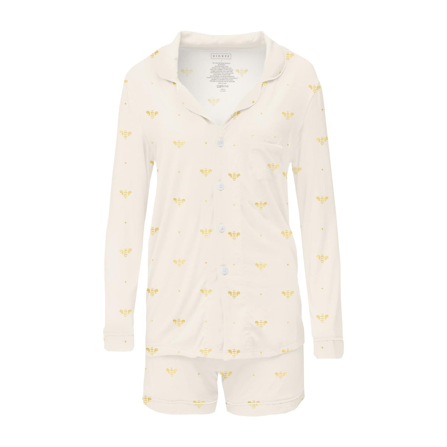 Women's Print Long Sleeve Collared Pajama Set with Shorts in Gold Bees (312035)