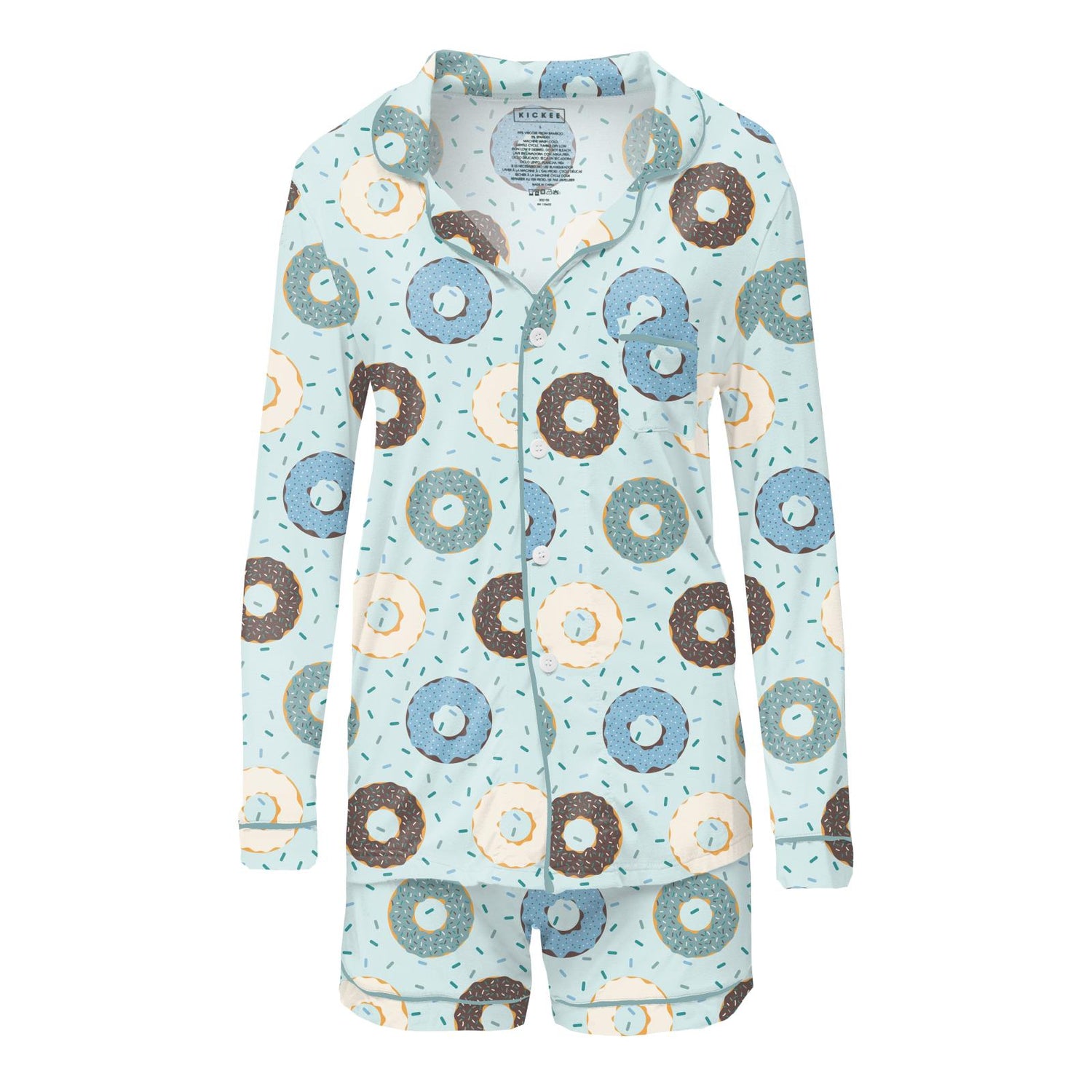 Women's Print Long Sleeve Collared Pajama Set with Shorts in Fresh Air Donuts and Sprinkles