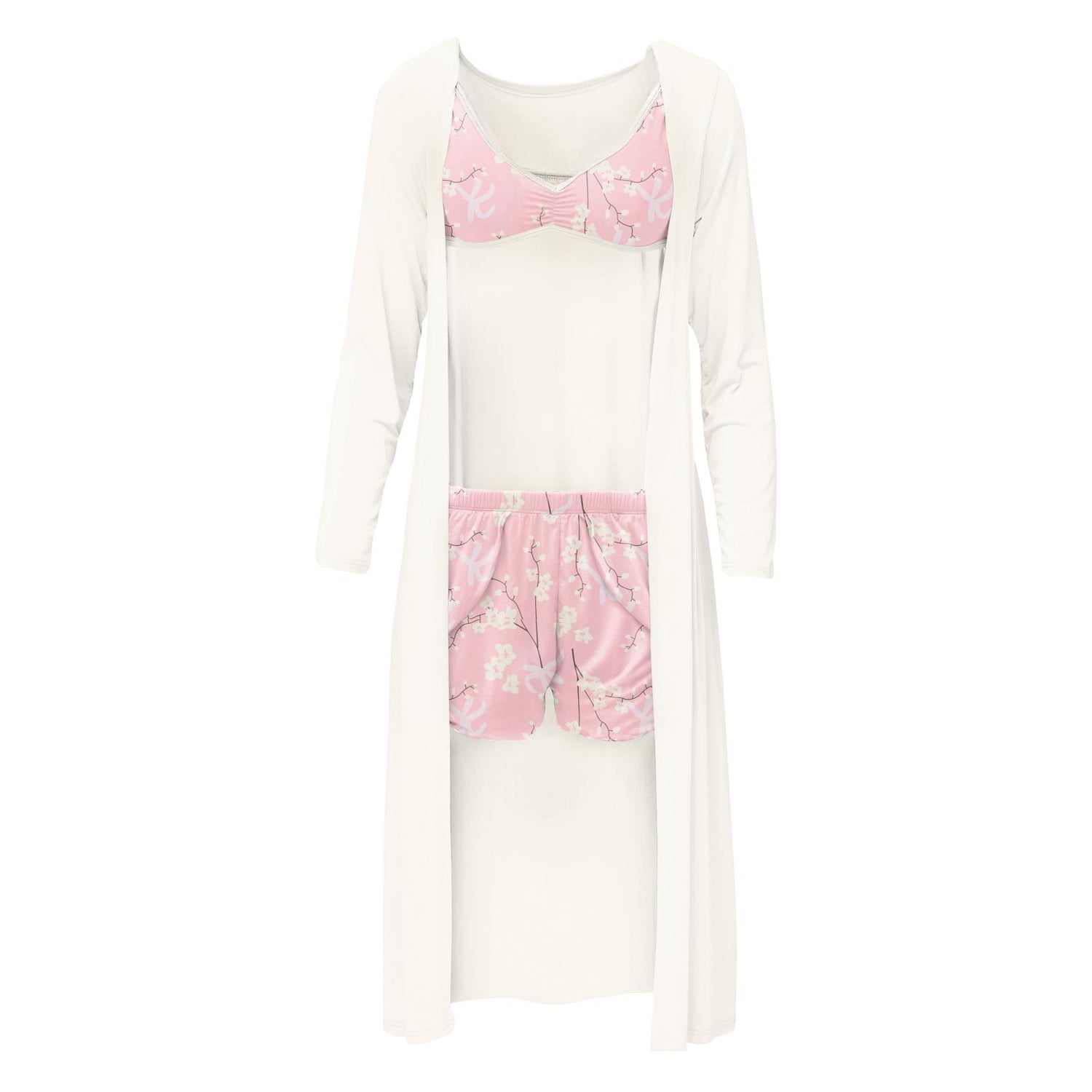 Women's Print Sleeping Bra, Tulip Shorts and Duster Robe Set in Lotus Orchid Print (225164)