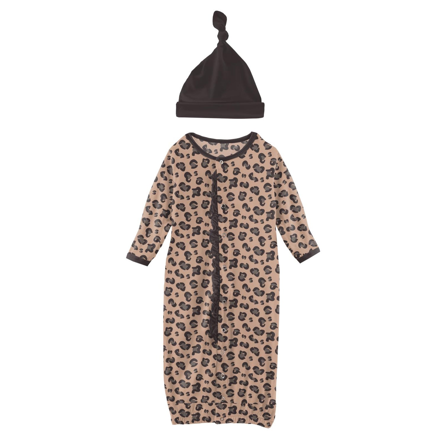 Print Ruffle Layette Gown Converter & Single Knot Hat Set in Suede Cheetah Print (225908)