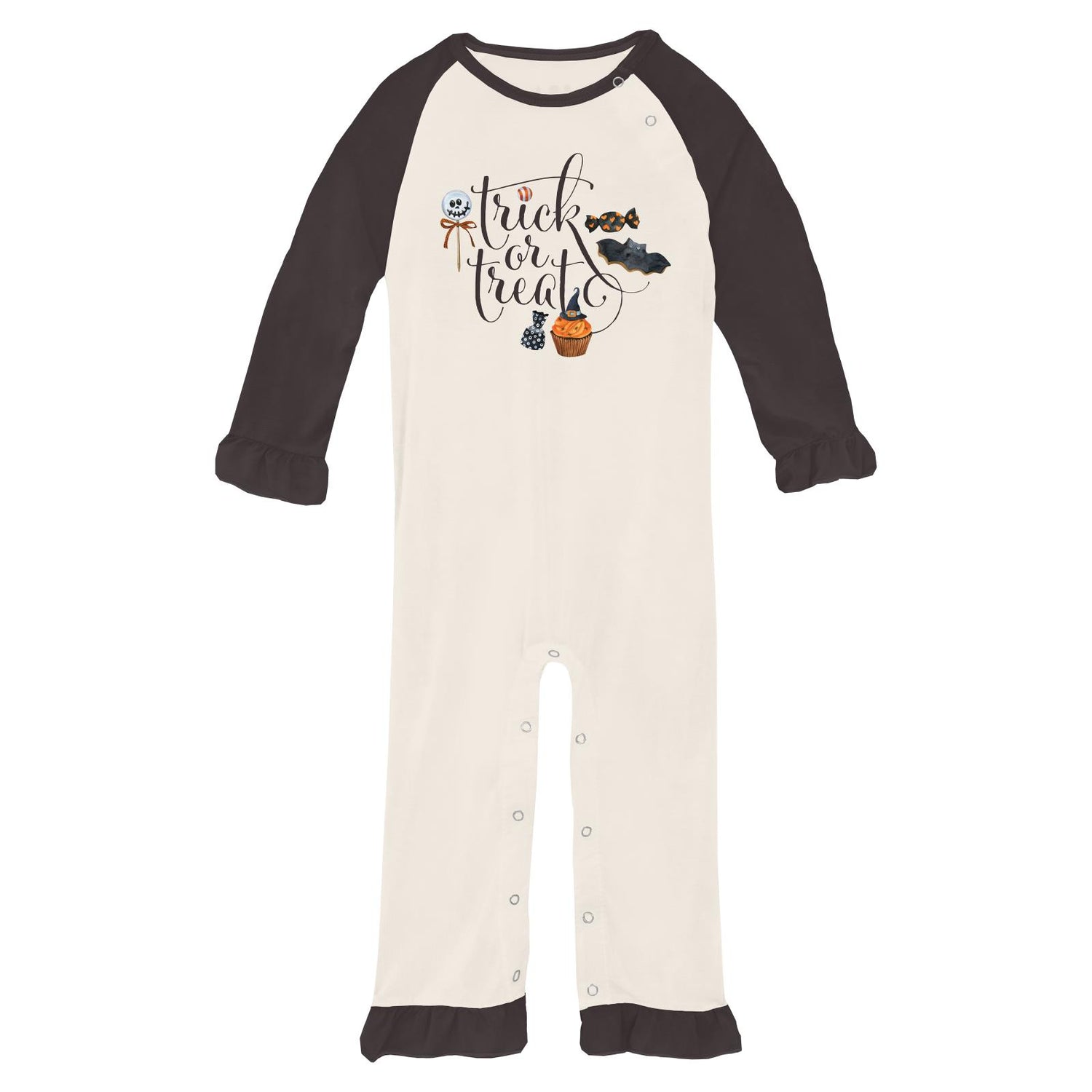 Long Sleeve Graphic Ruffle Raglan Romper in Natural Trick or Treat (333888)