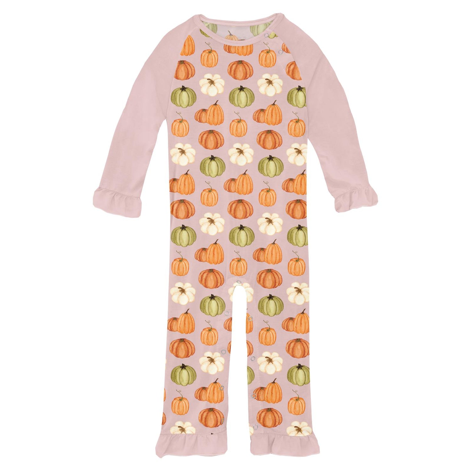 Print Long Sleeve Ruffle Raglan Romper in Baby Rose Pumpkin Patch (333902)