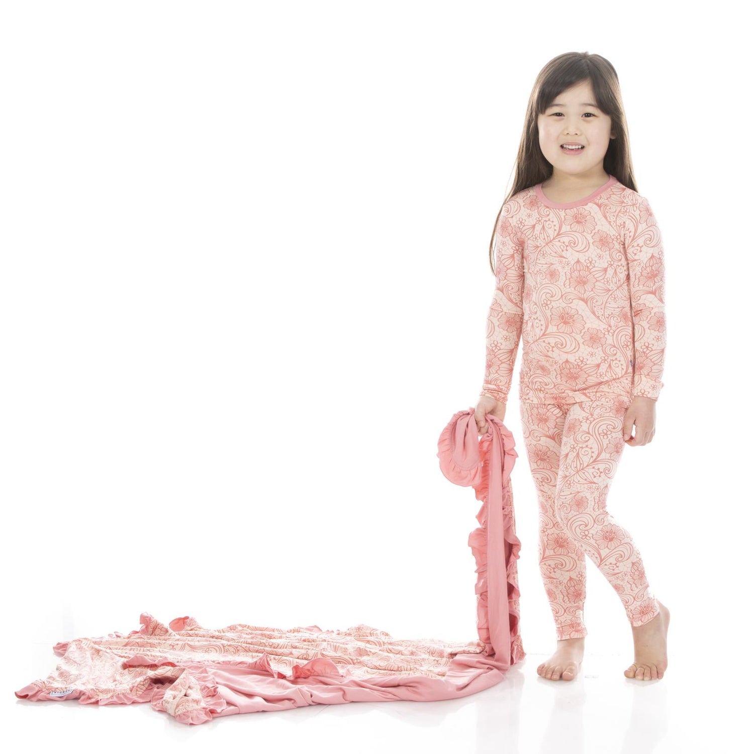 Print Long Sleeve Pajama Set in Peach Blossom Lace (234494)