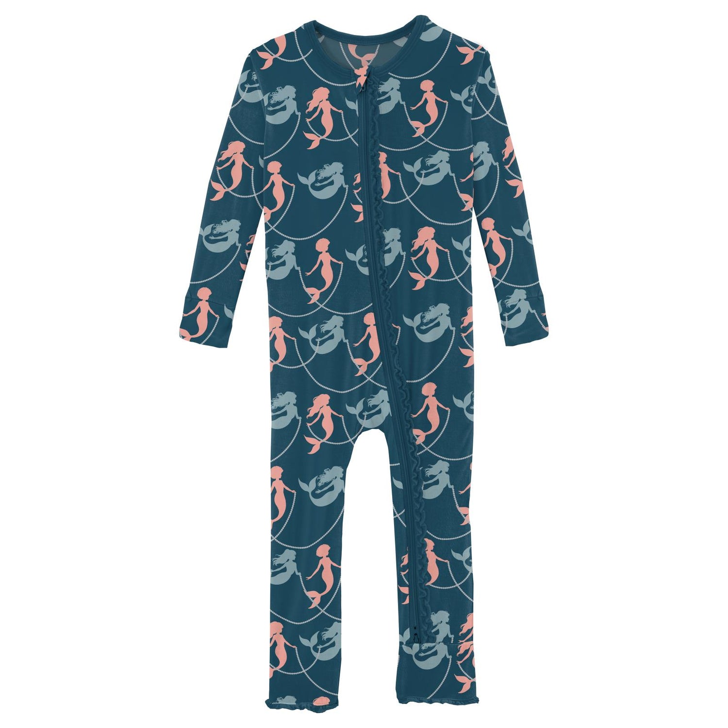 Print Muffin Ruffle Coverall with 2 Way Zipper in Peacock Mermaids & Pearls (308074)