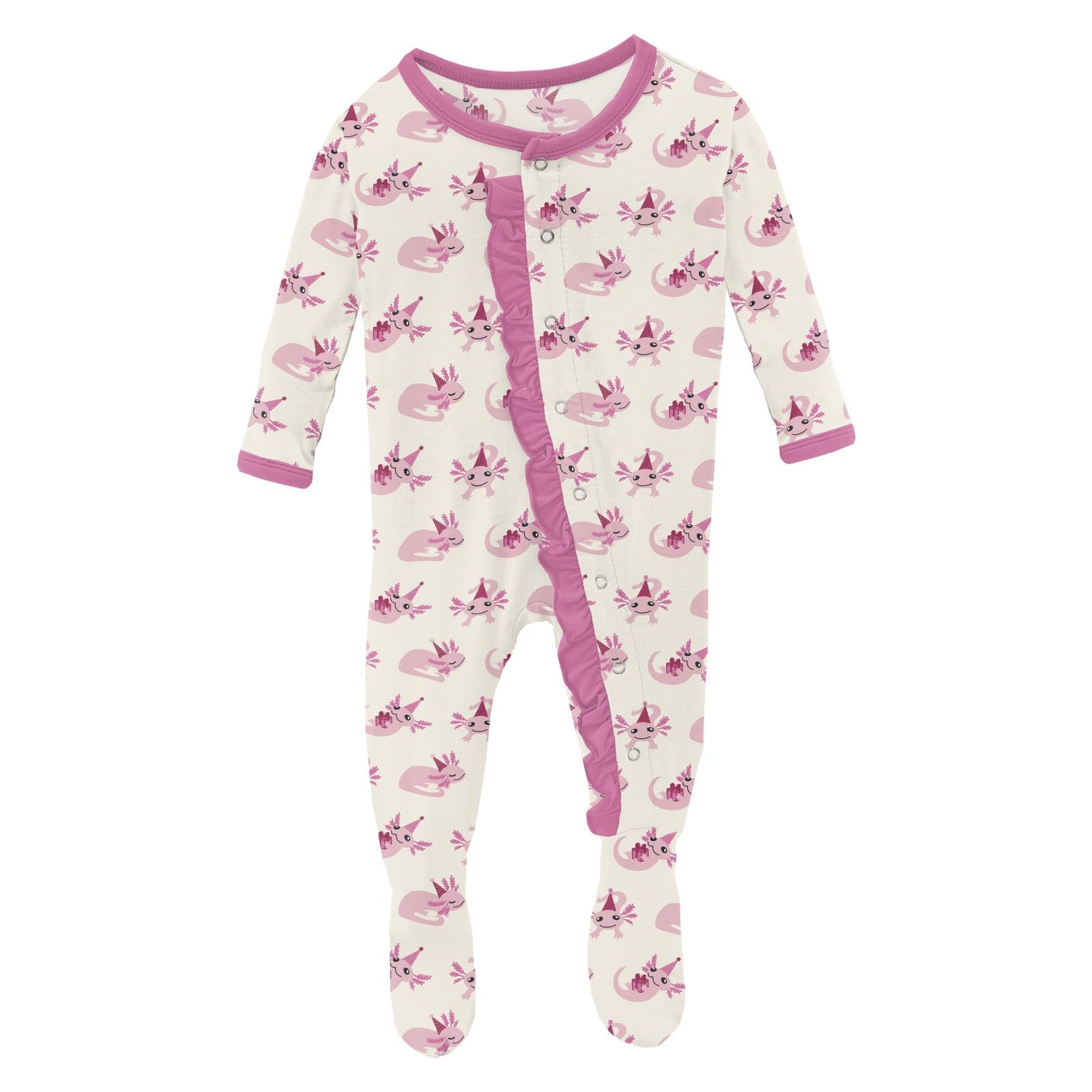 Print Classic Ruffle Footie with Snaps in Natural Axolotl Party