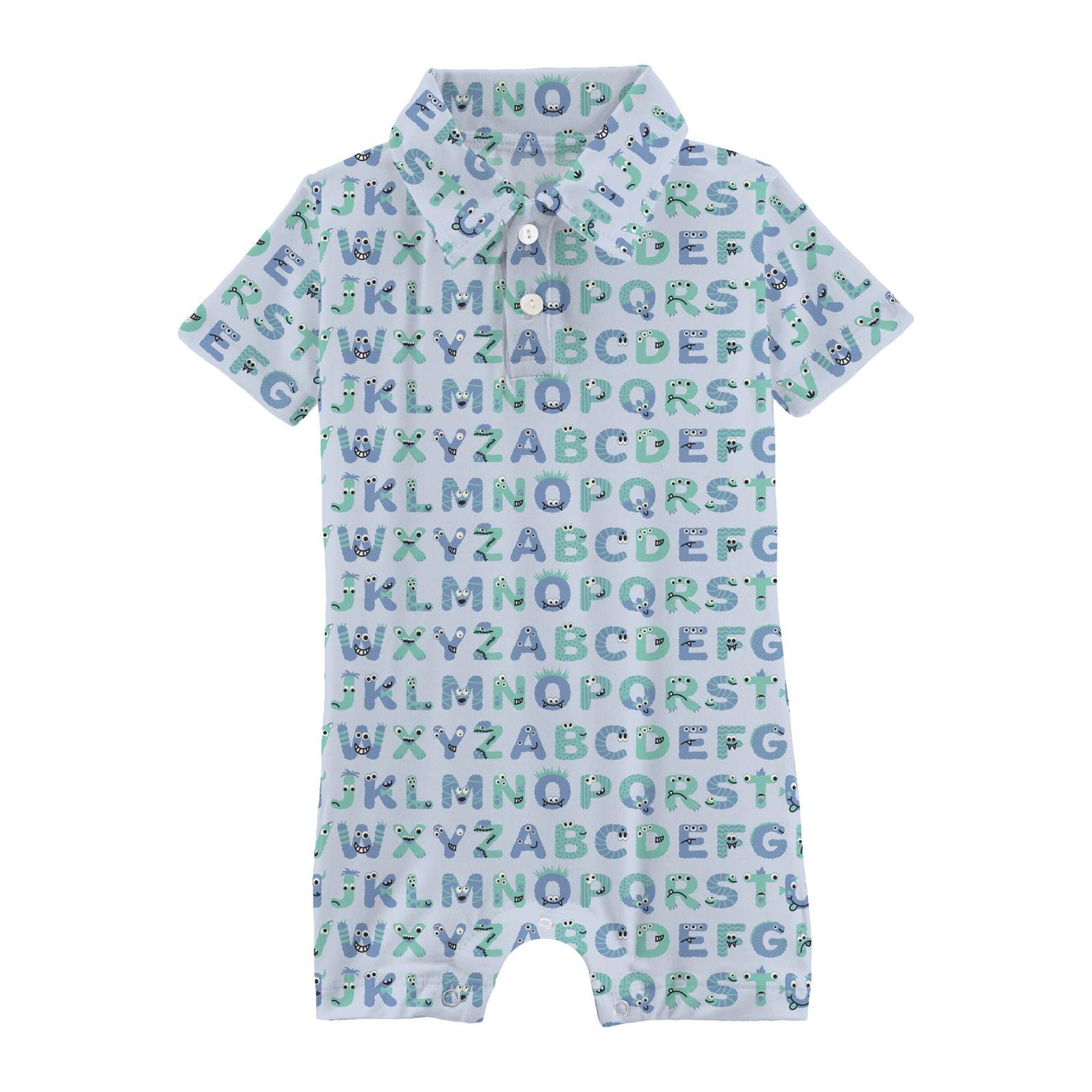 Print Short Sleeve Polo Romper in Dew ABC Monsters
