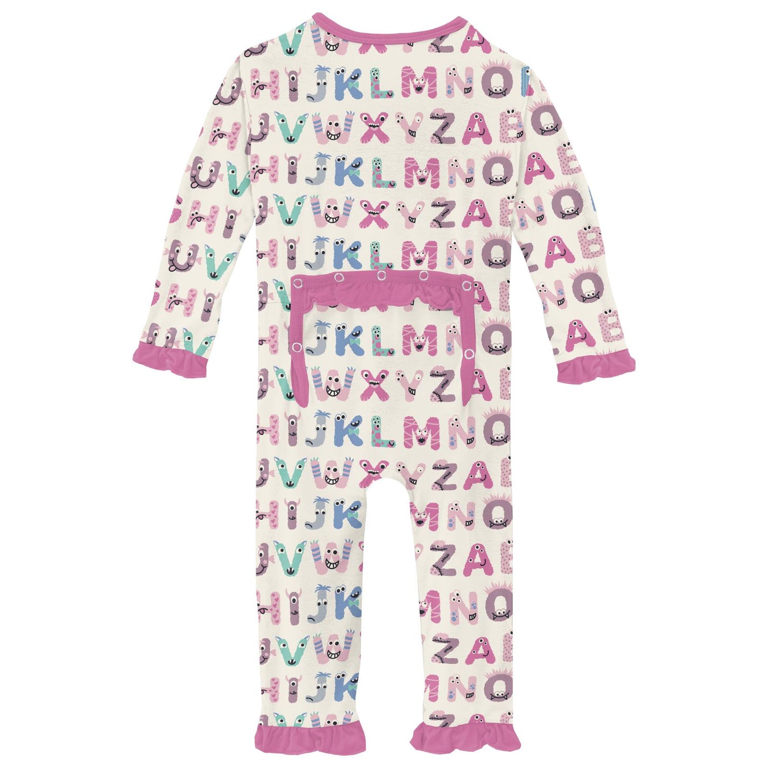 Print Classic Ruffle Coverall with 2 Way Zipper in Natural ABC Monsters