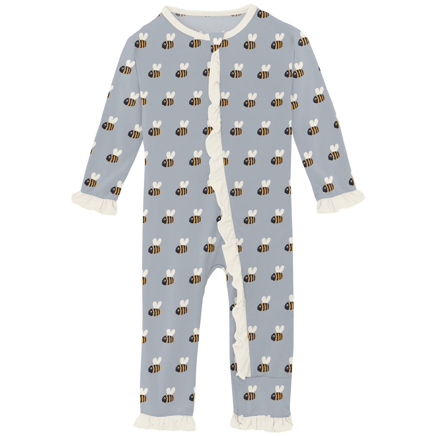 Print Classic Ruffle Coverall with 2 Way Zipper in Pearl Blue Baby Bumblebee