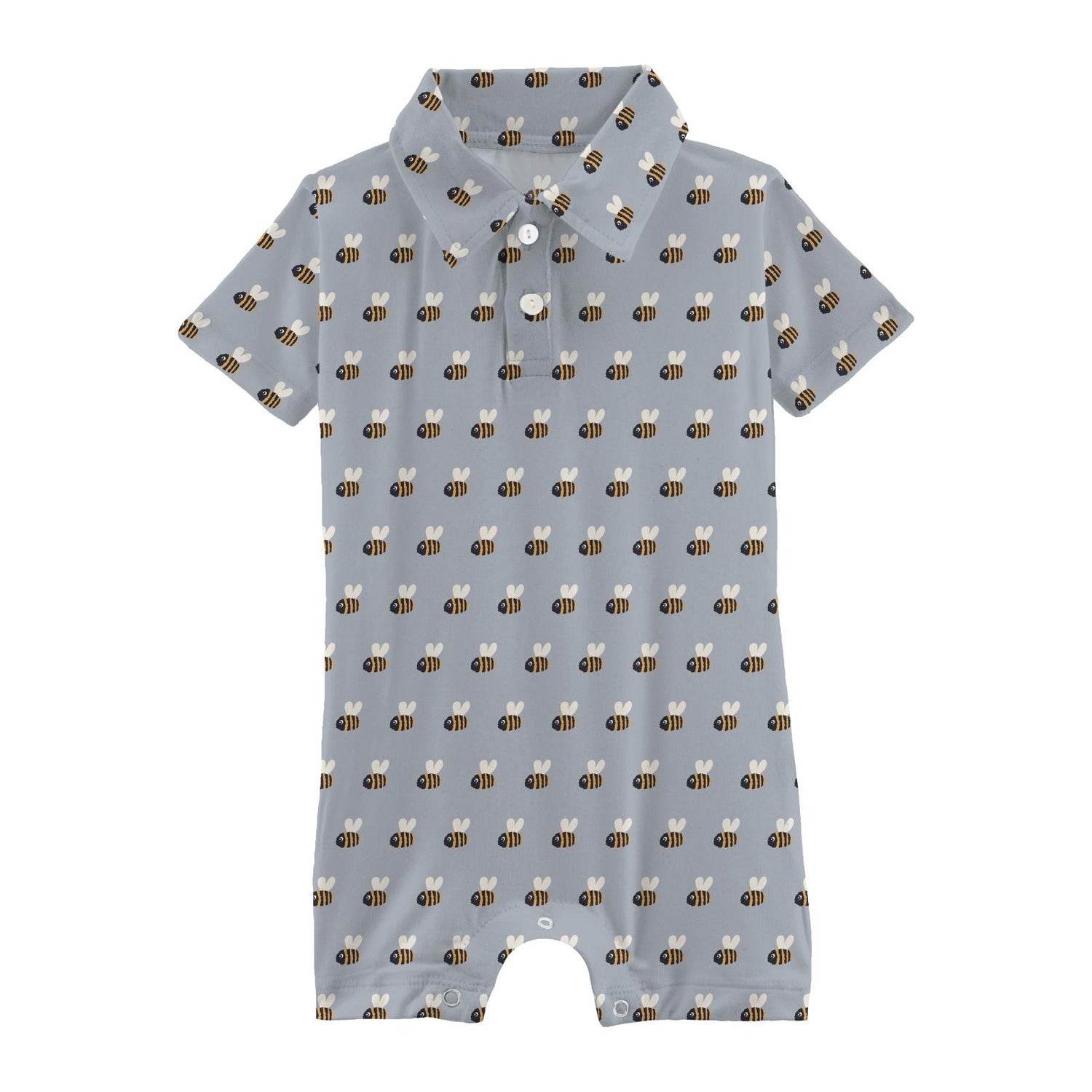 Print Short Sleeve Polo Romper in Pearl Blue Baby Bumblebee