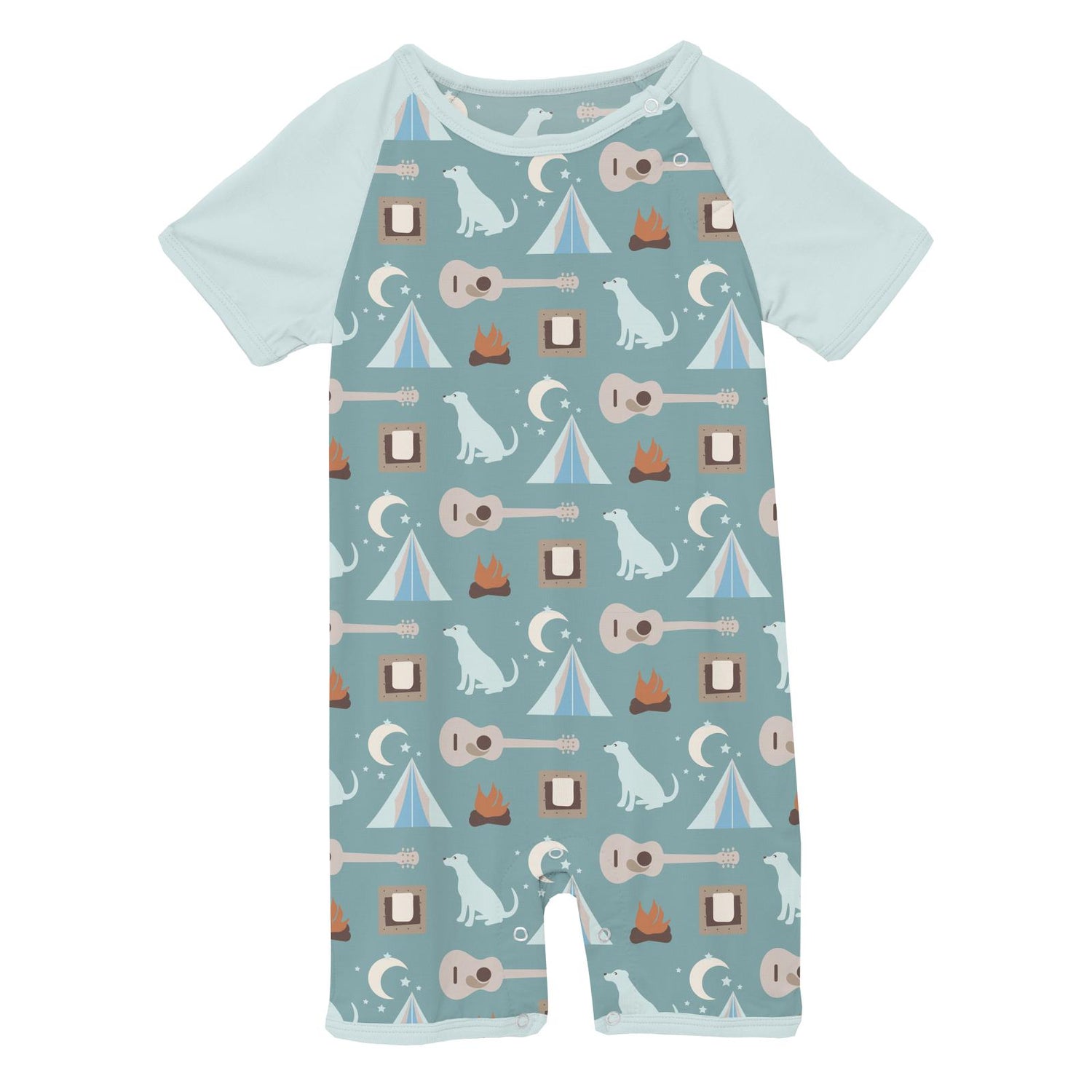 Print Short Sleeve Raglan Romper in Jade Campfire (318829)
