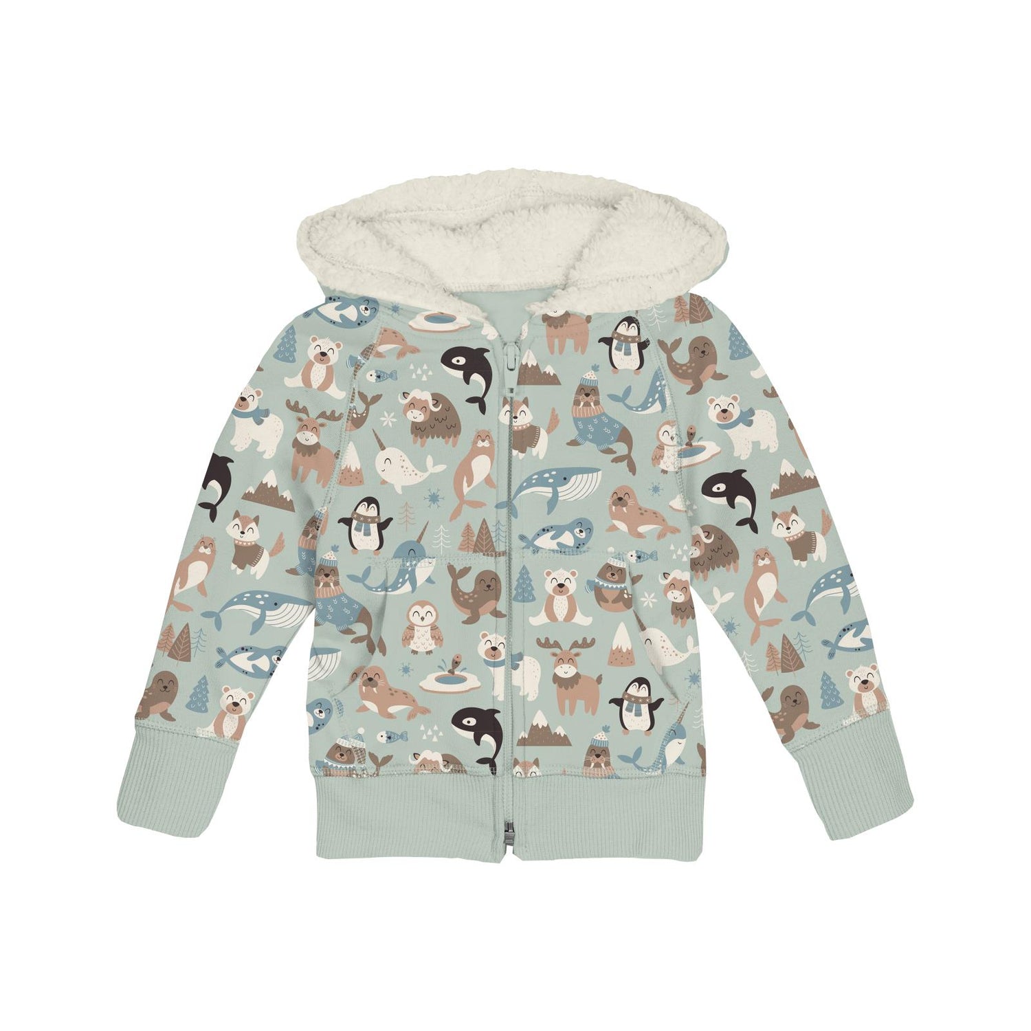 Print Fleece Zip-Front Hoodie with Sherpa-lined Hood in Aloe Arctic Animals (342430)