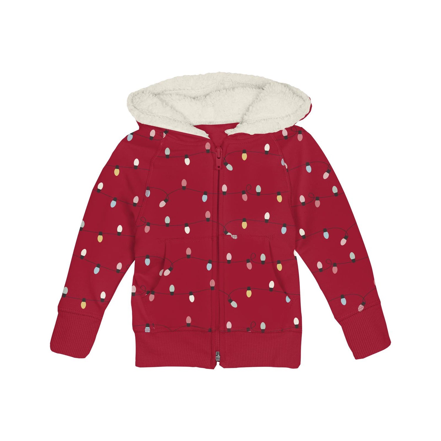 Print Fleece Zip-Front Hoodie with Sherpa-lined Hood in Crimson Holiday Lights (342390)