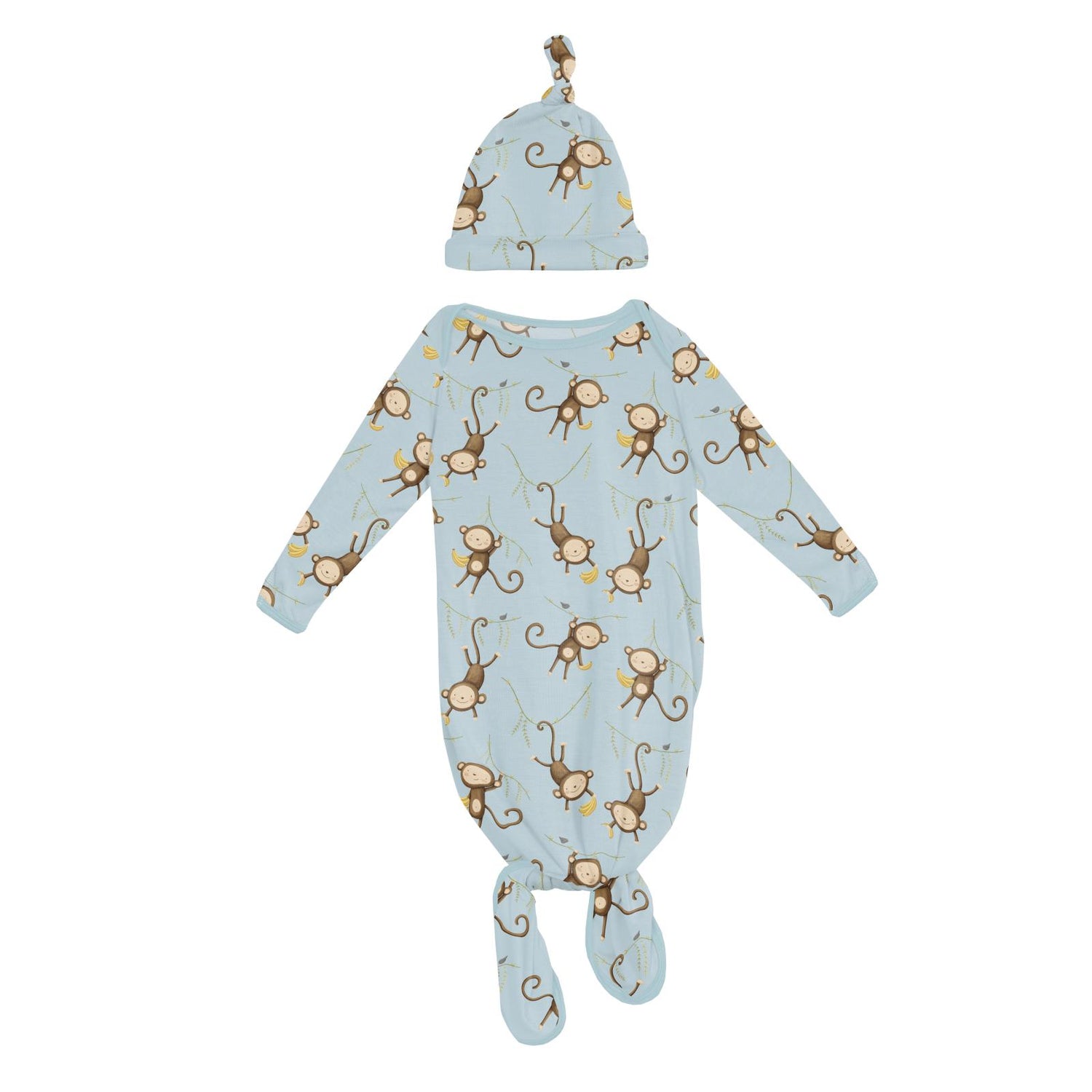 Print Knotted Layette Gown & Hat Set in Spring Sky Monkeys & Bananas (378049)