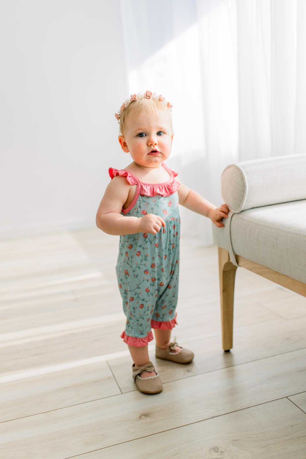 Print Wing Romper in Spring Sky Floral Vines (378040)