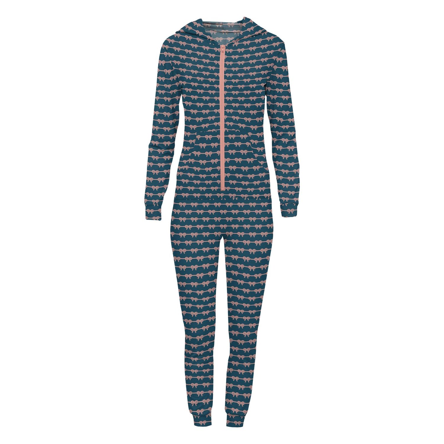 Women's Print Long Sleeve Jumpsuit with Hood in Peacock Boat Rope Bows