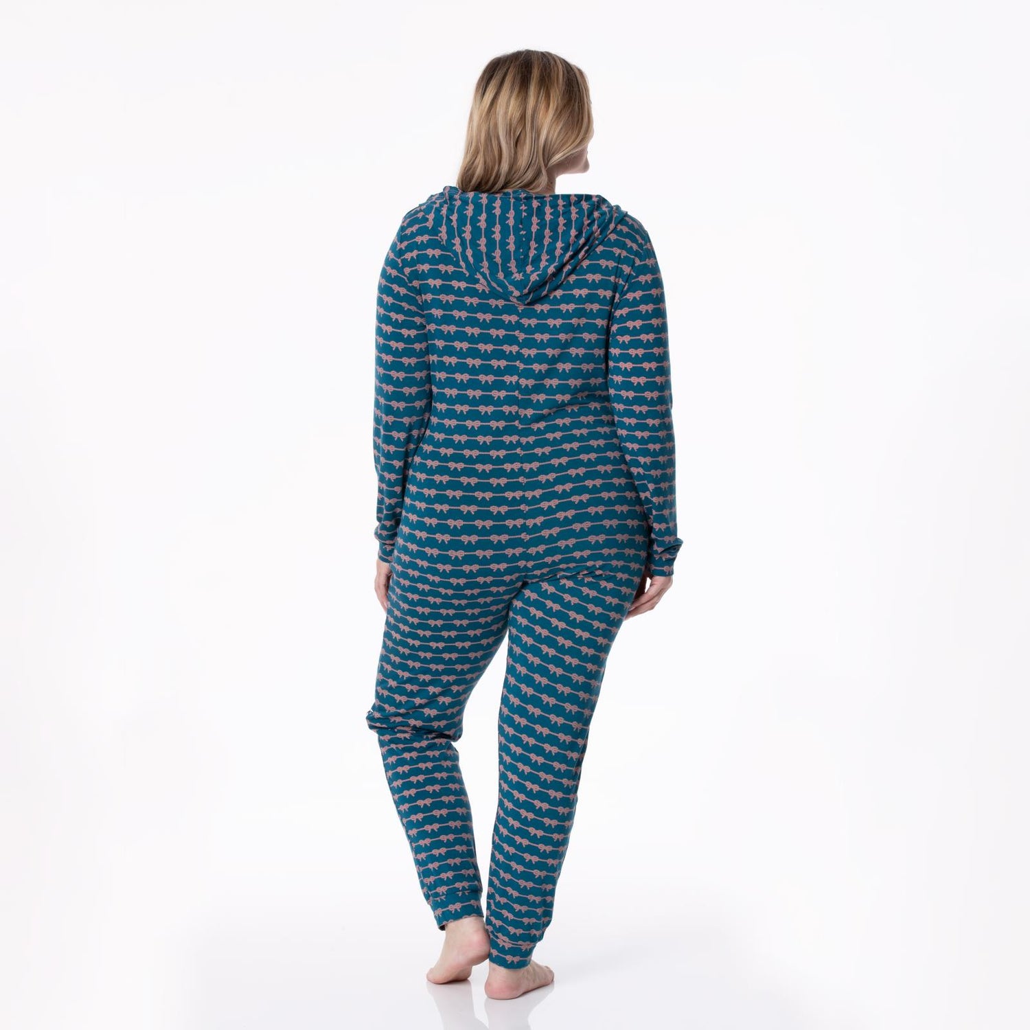 Women's Print Long Sleeve Jumpsuit with Hood in Peacock Boat Rope Bows