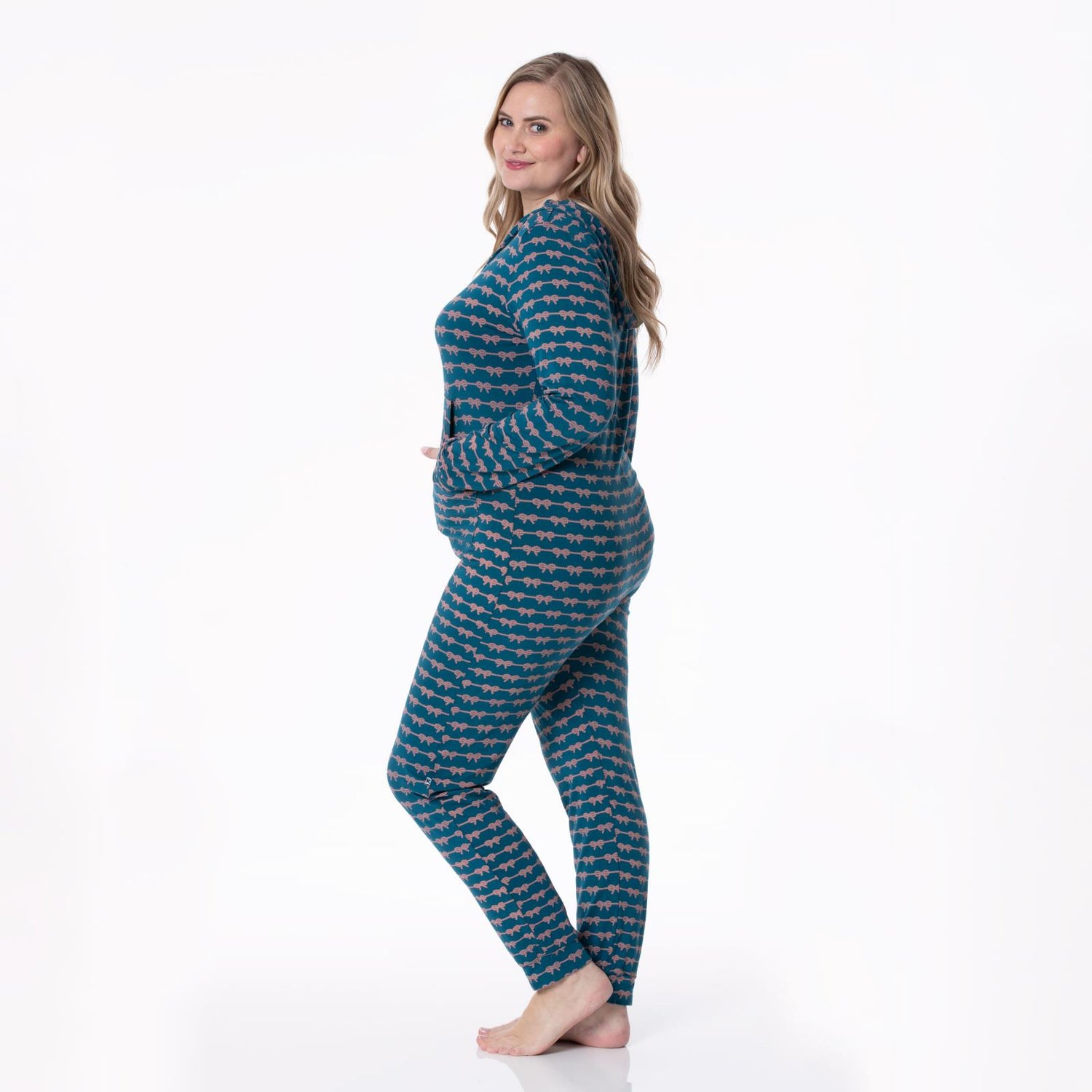 Women's Print Long Sleeve Jumpsuit with Hood in Peacock Boat Rope Bows