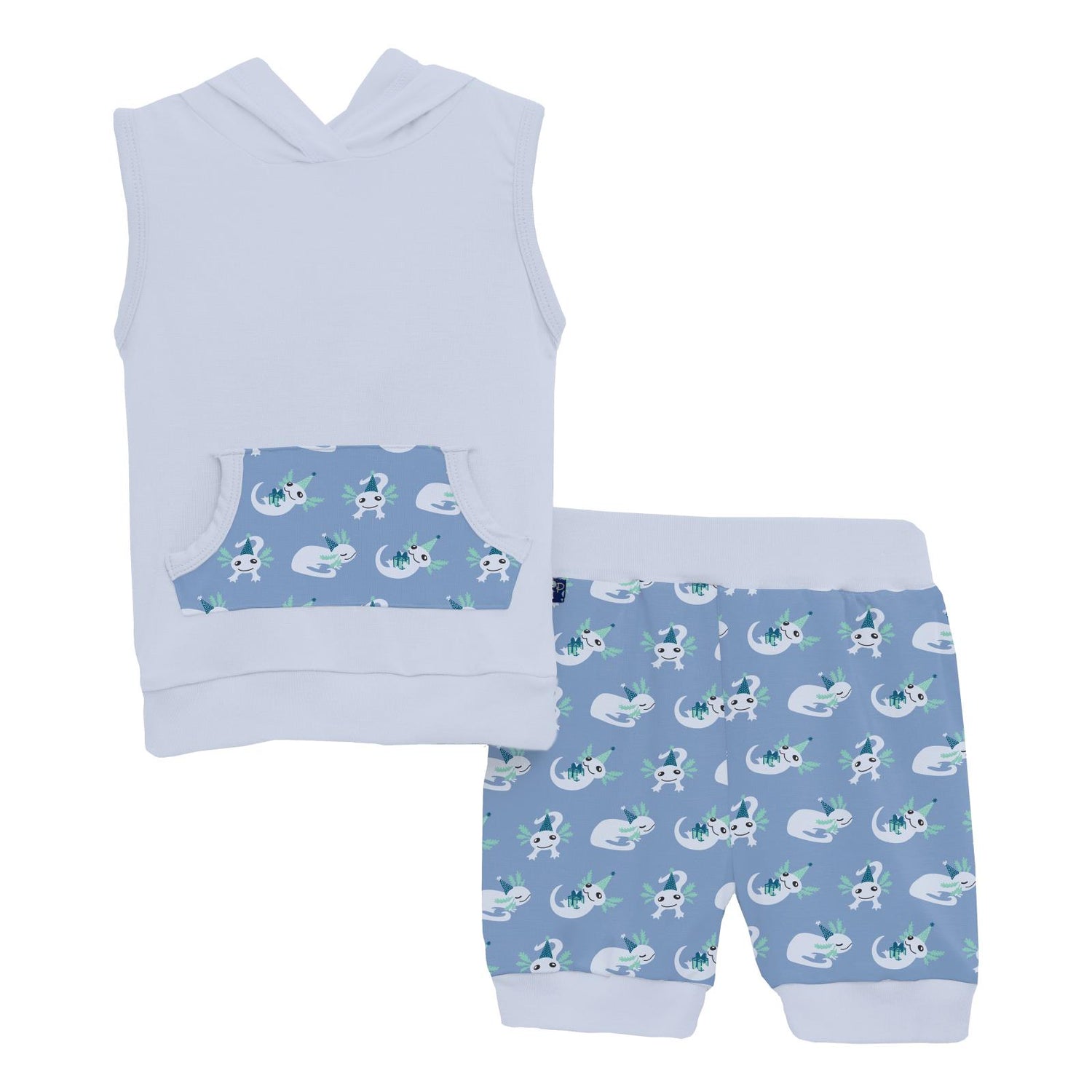 Print Short Sleeve Hoodie Tank Outfit Set in Dream Blue Axolotl Party (276375)