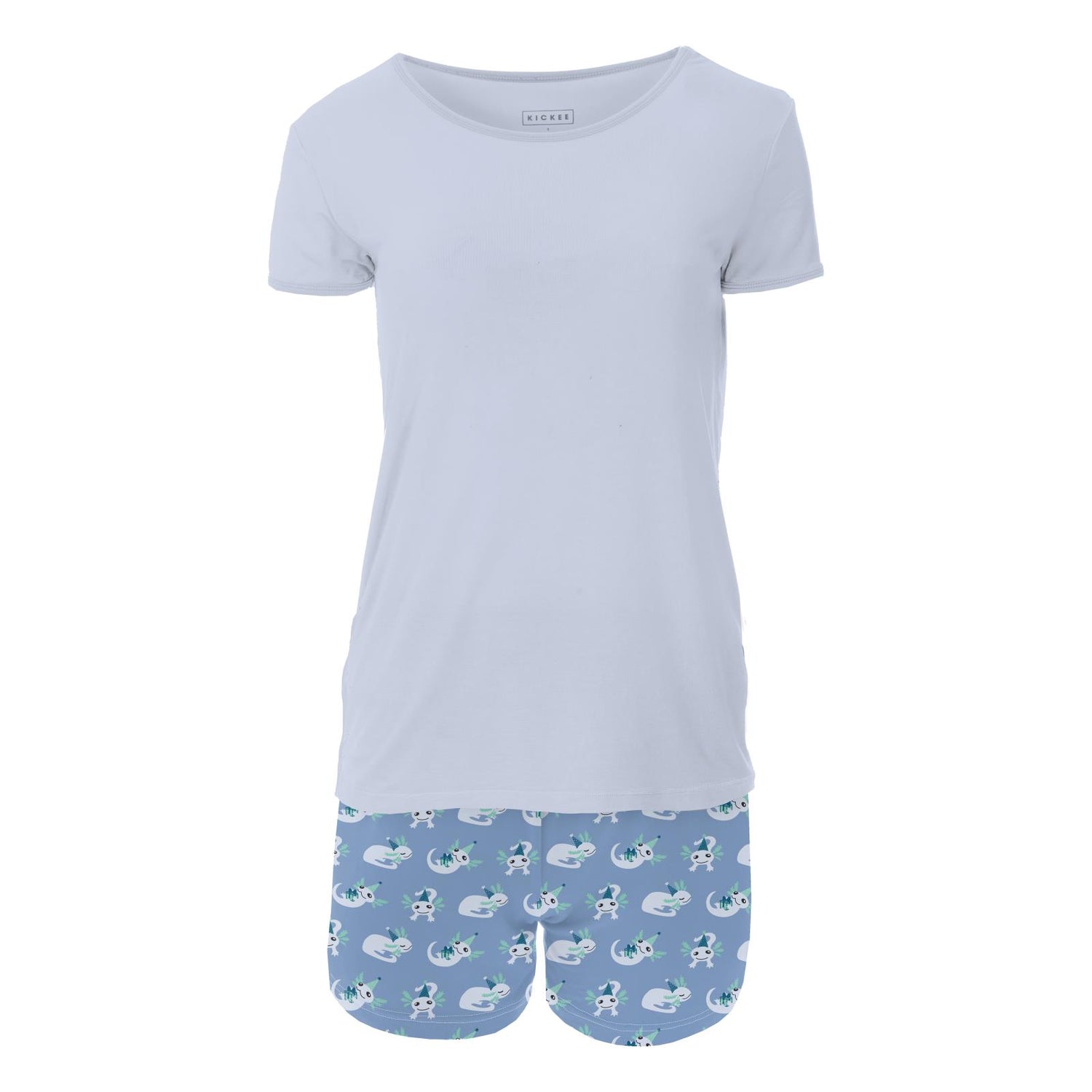 Women's Print Short Sleeve Pajama Set with Shorts in Dream Blue Axolotl Party
