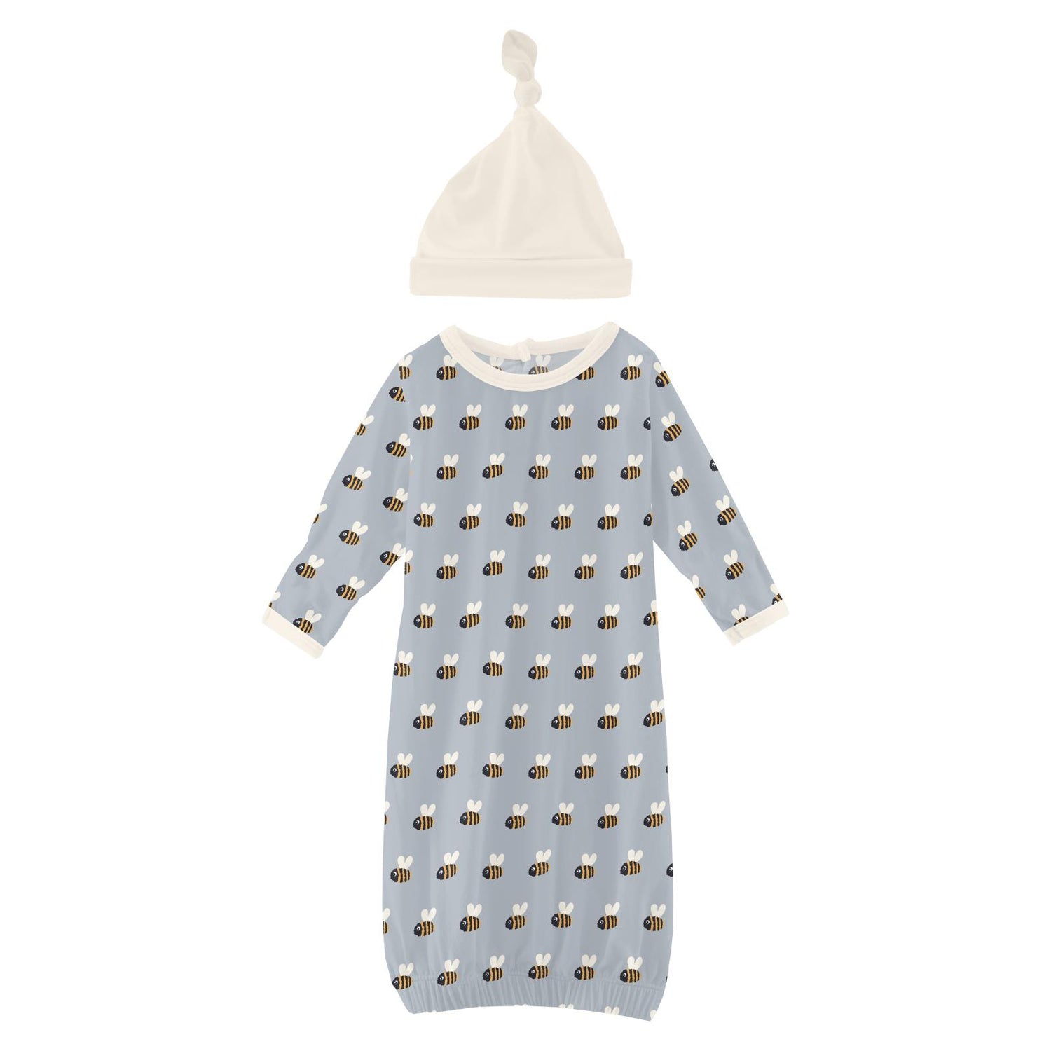 Print Layette Gown & Single Knot Hat Set in Pearl Blue Baby Bumblebee