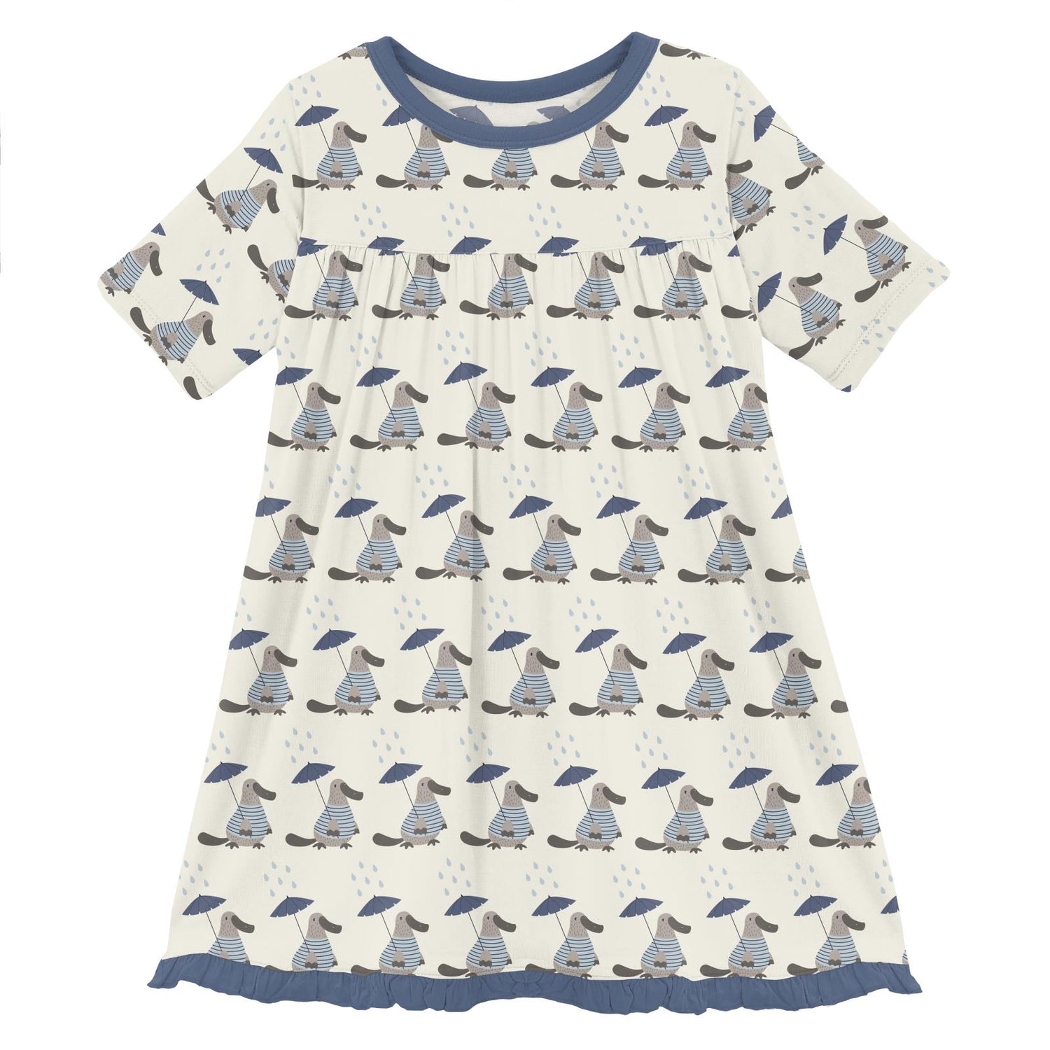 Print Short Sleeve Swing Dress in Natural Rainy Day Platypus (362442)