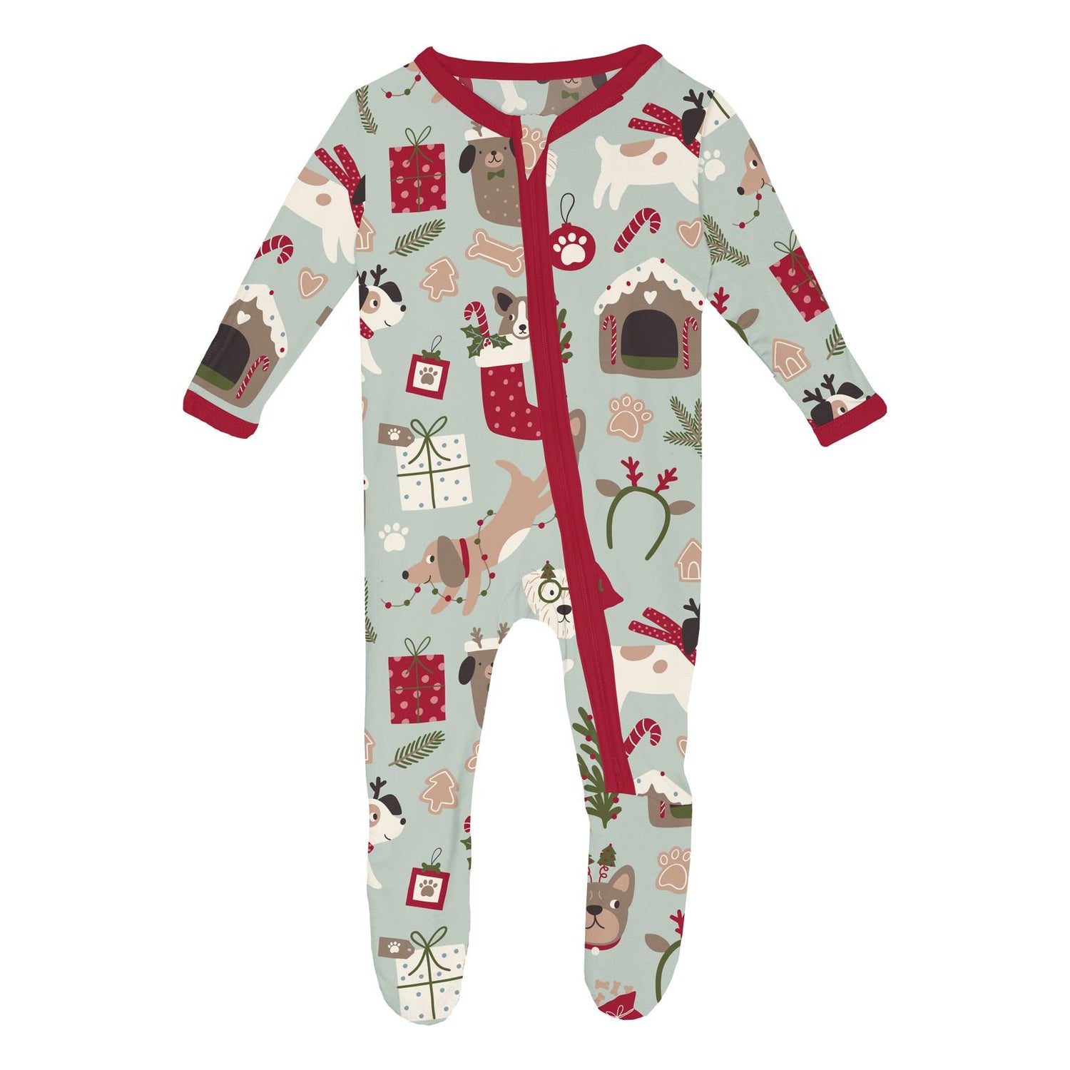 Print Footie with 2 Way Zipper in Aloe Christmas Dogs (344890)