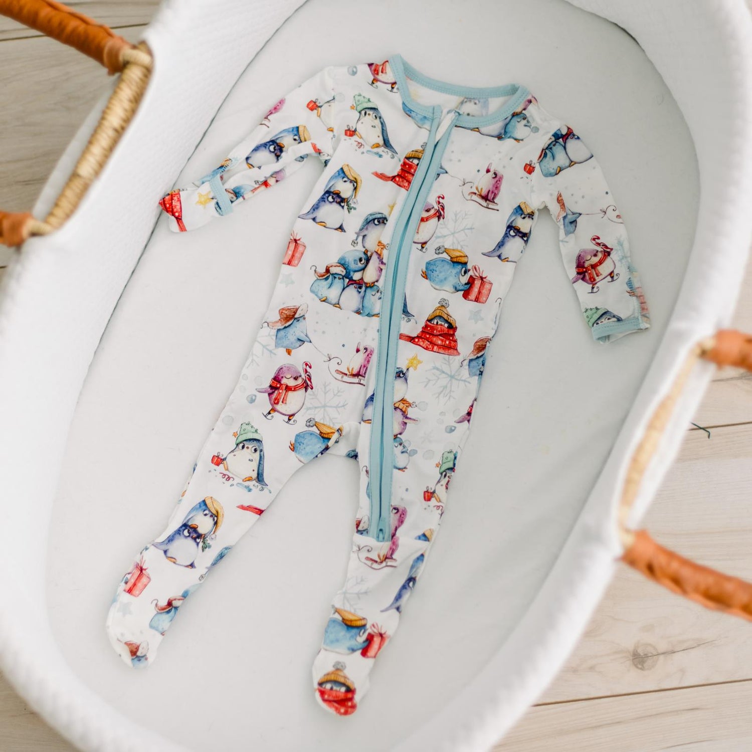 Print Footie with 2 Way Zipper in Natural Silly Penguins (345103)