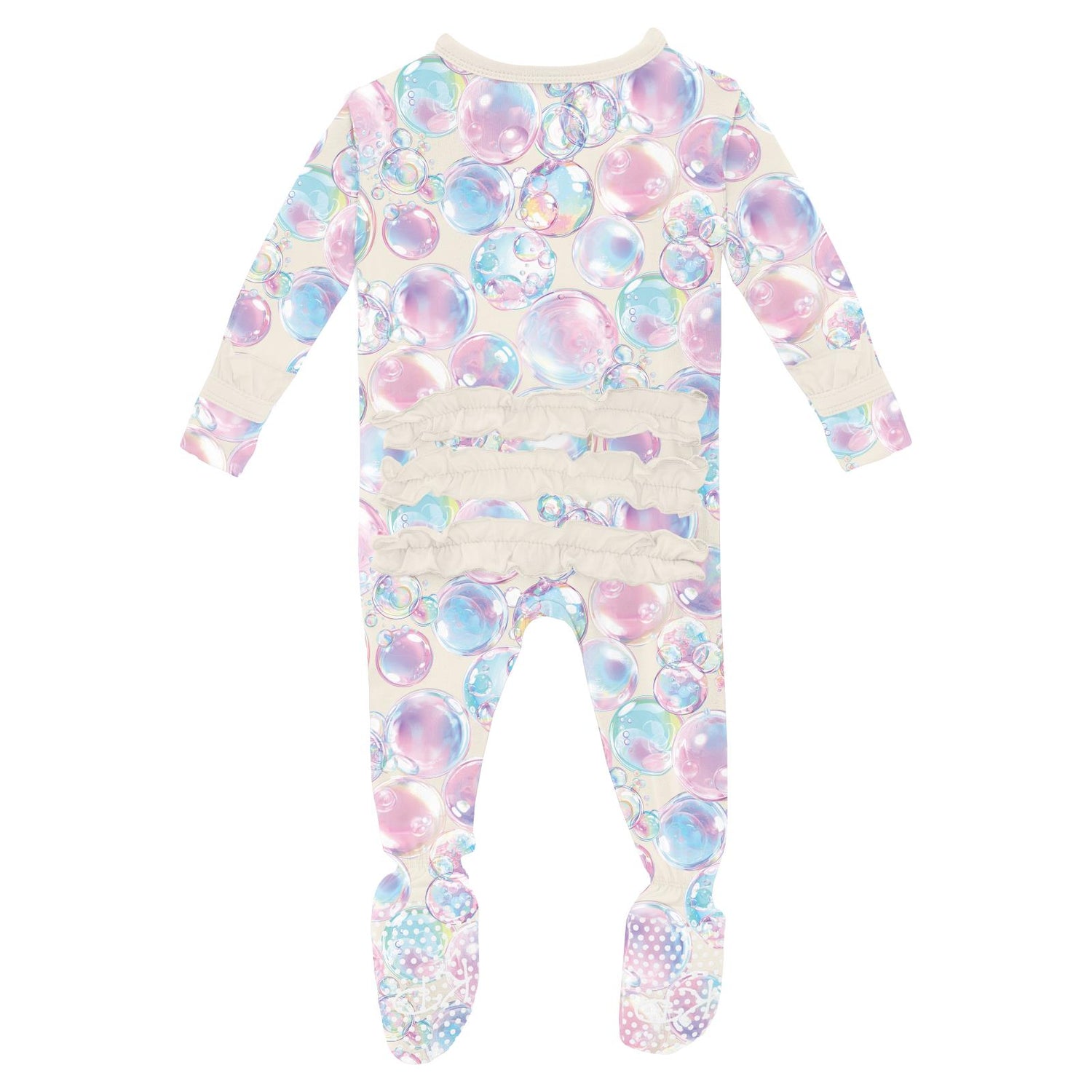 Print Layette Ruffle Footie with 2 Way Zipper in Natural Bubbles (350836)