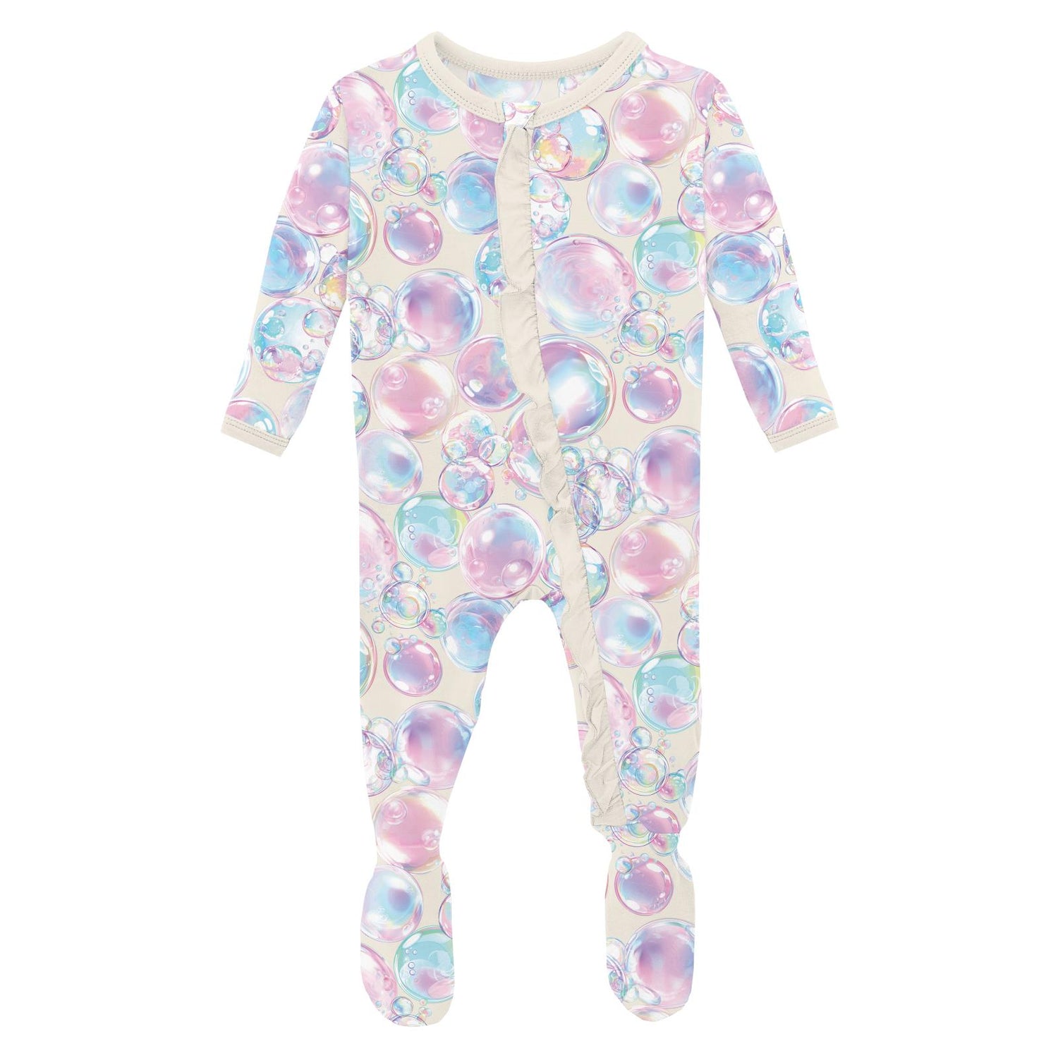 Print Layette Ruffle Footie with 2 Way Zipper in Natural Bubbles (350864)