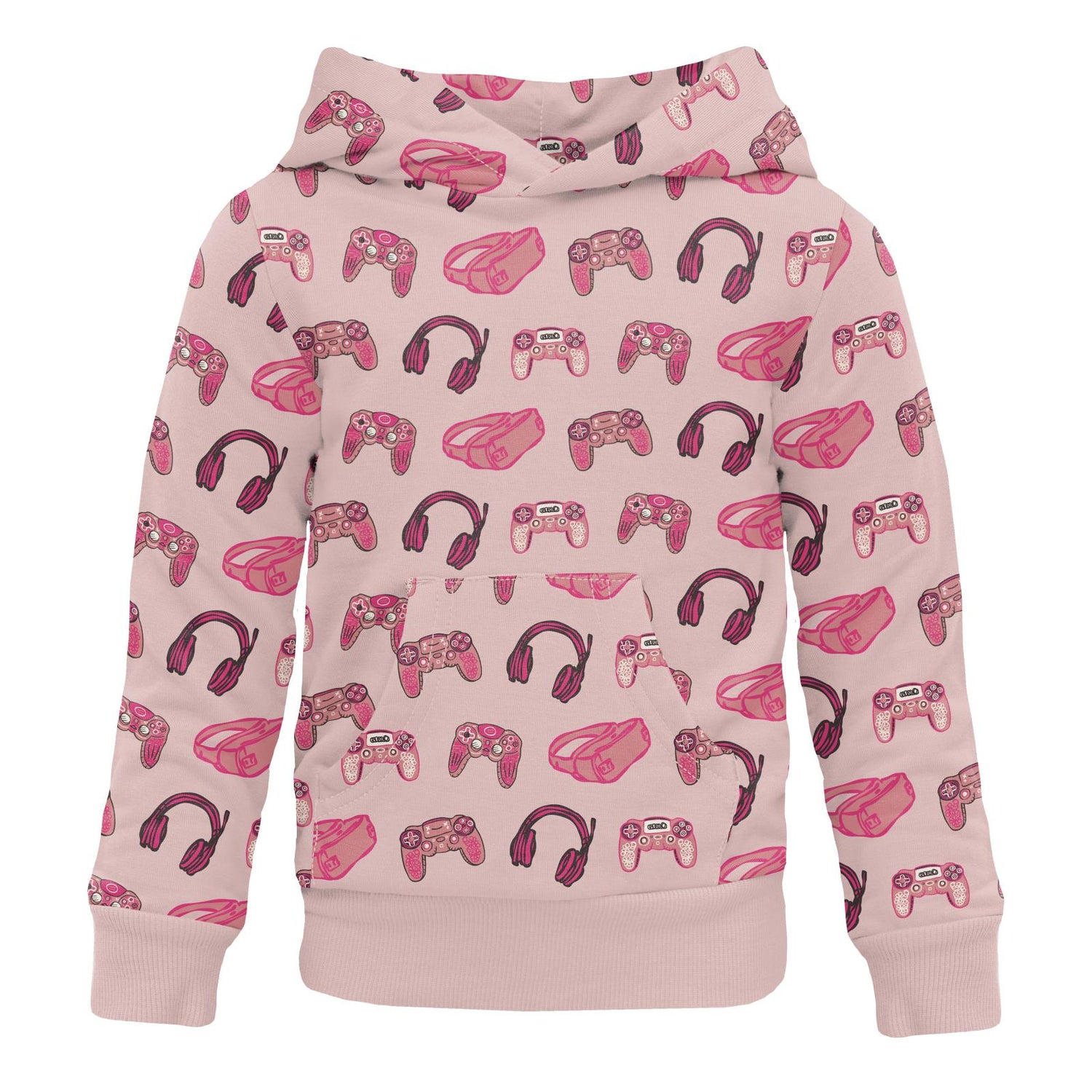 Print Fleece Kangaroo Pocket Pullover in Baby Rose Gamer (351295)