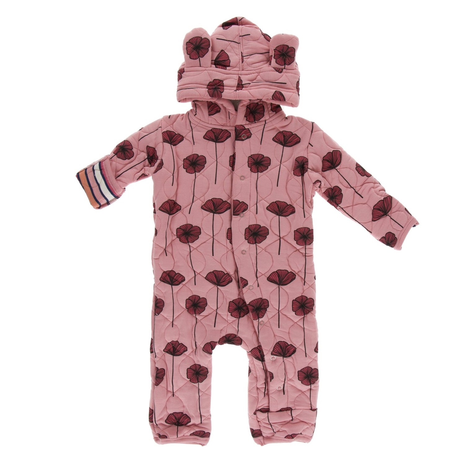 Print Quilted Hoodie Coverall with Sherpa-Lined Hood in Strawberry Poppies/Botany Red Ginger Stripe (383918)