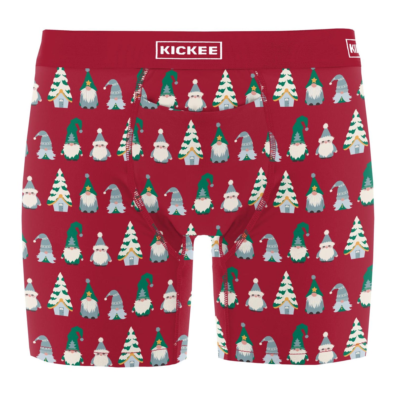 Print Men's Mid-Length Boxer Brief with Top Fly in Crimson Gnomes