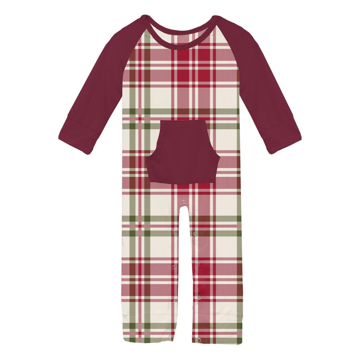 Print Long Sleeve Raglan Romper with Kangaroo Pocket in Fireside Plaid (346171)