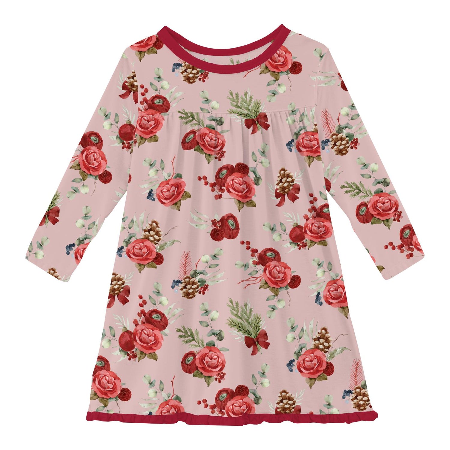 Print Long Sleeve Swing Dress in Baby Rose Holiday Floral (345973)