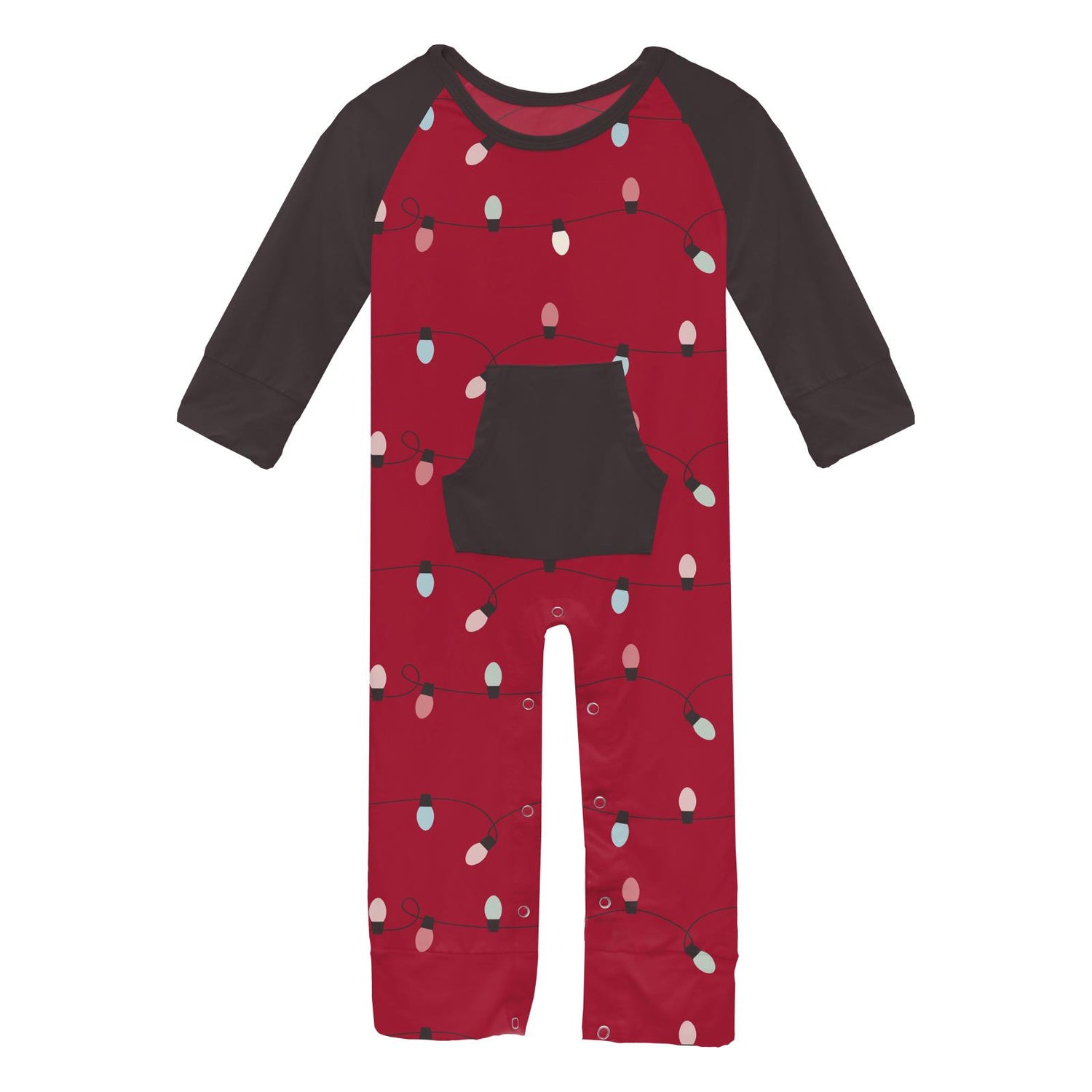 Print Long Sleeve Raglan Romper with Kangaroo Pocket in Crimson Holiday Lights (346033)