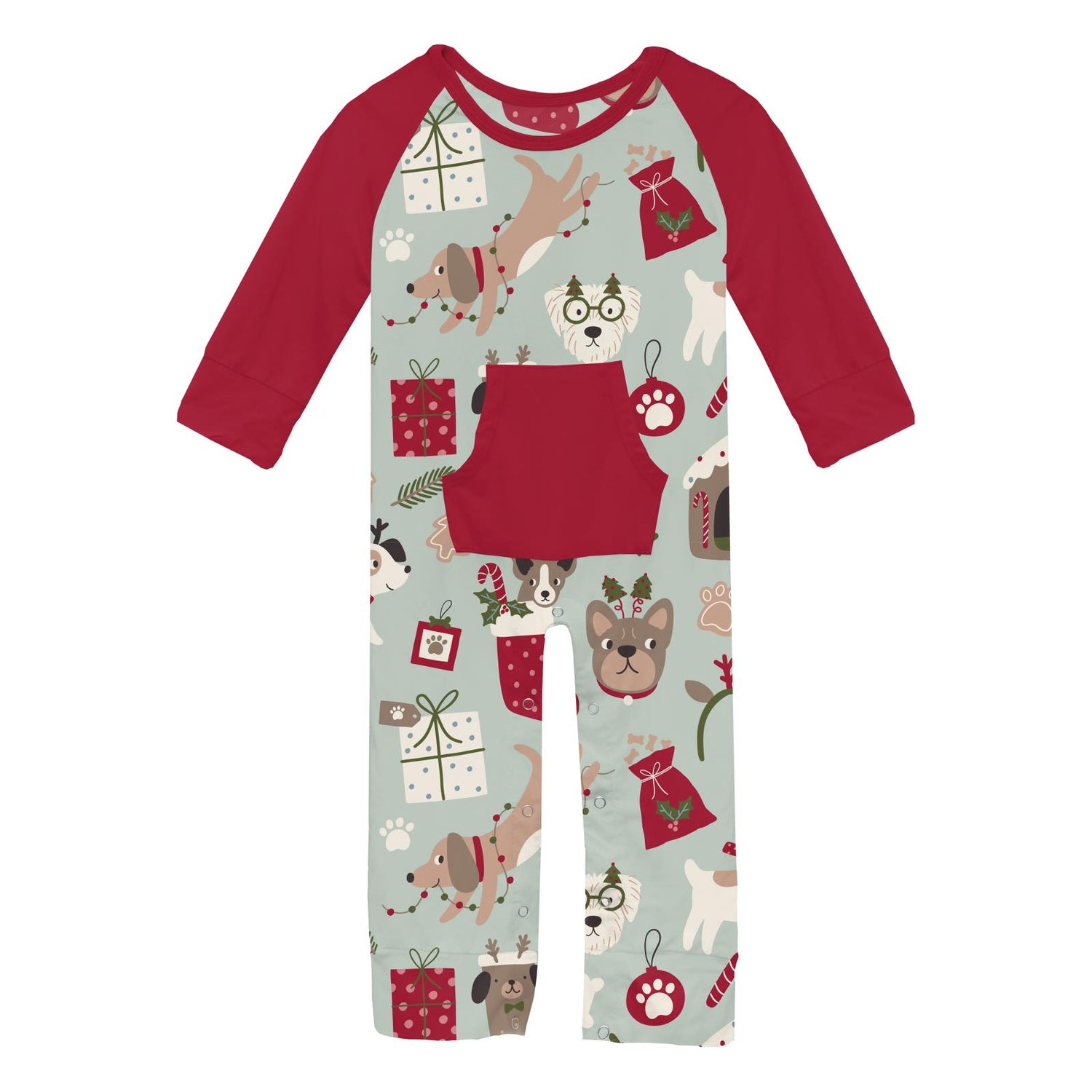 Print Long Sleeve Raglan Romper with Kangaroo Pocket in Aloe Christmas Dogs (346094)