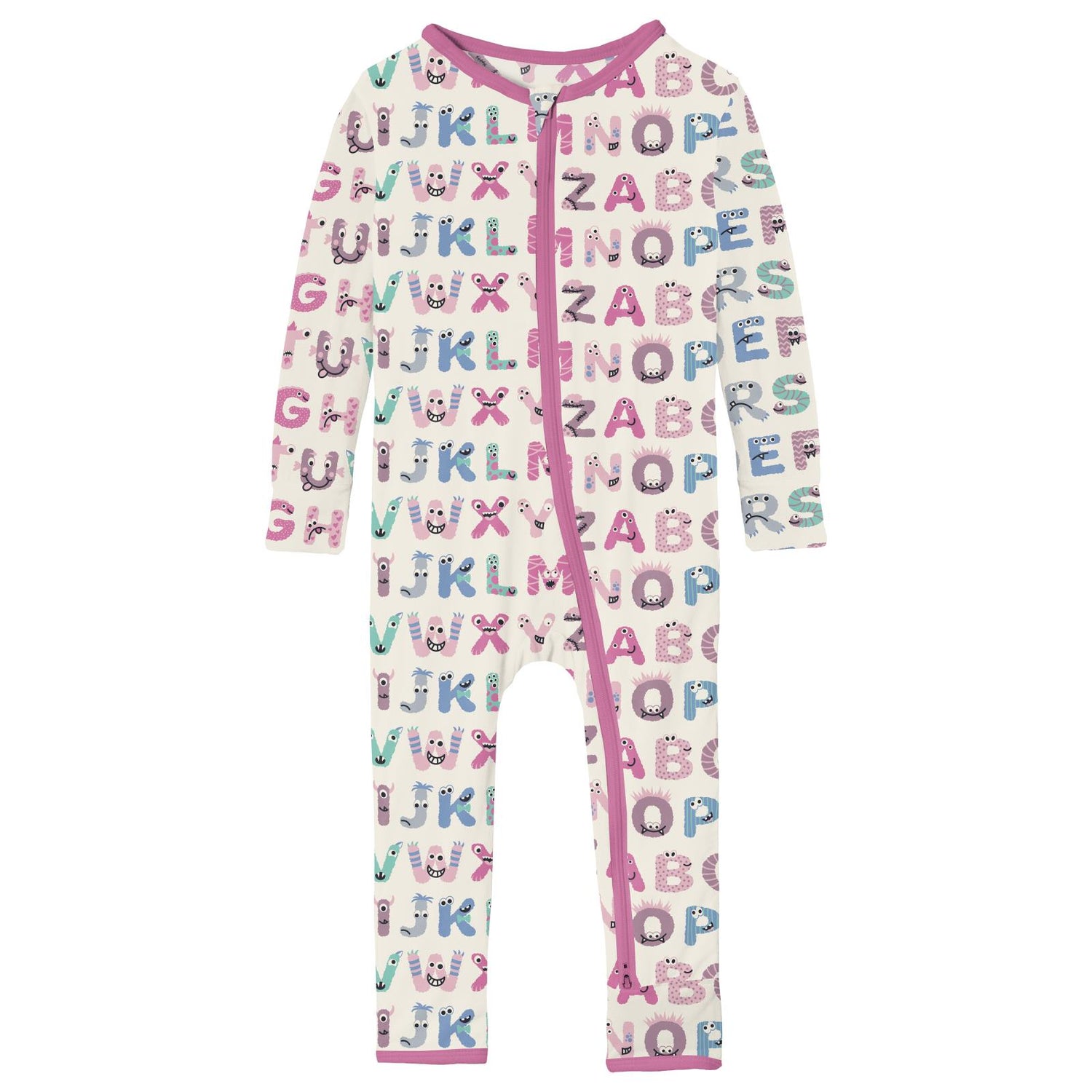 Print Coverall with 2 Way Zipper in Natural ABC Monsters