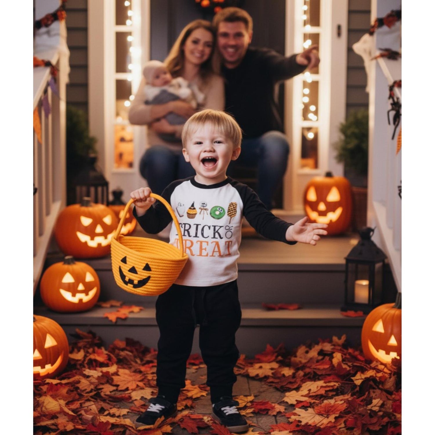 Long Sleeve Crew Neck Graphic Raglan Tee in Natural Trick or Treat (373203)