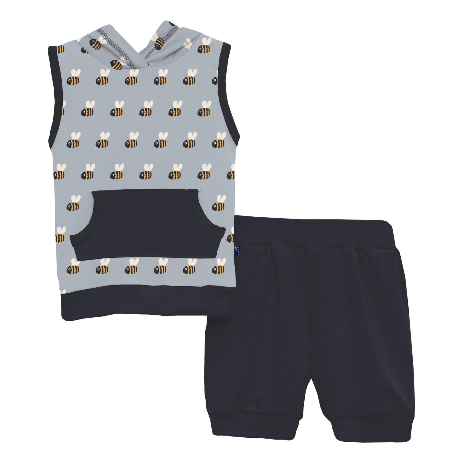 Print Short Sleeve Hoodie Tank Outfit Set in Pearl Blue Baby Bumblebee