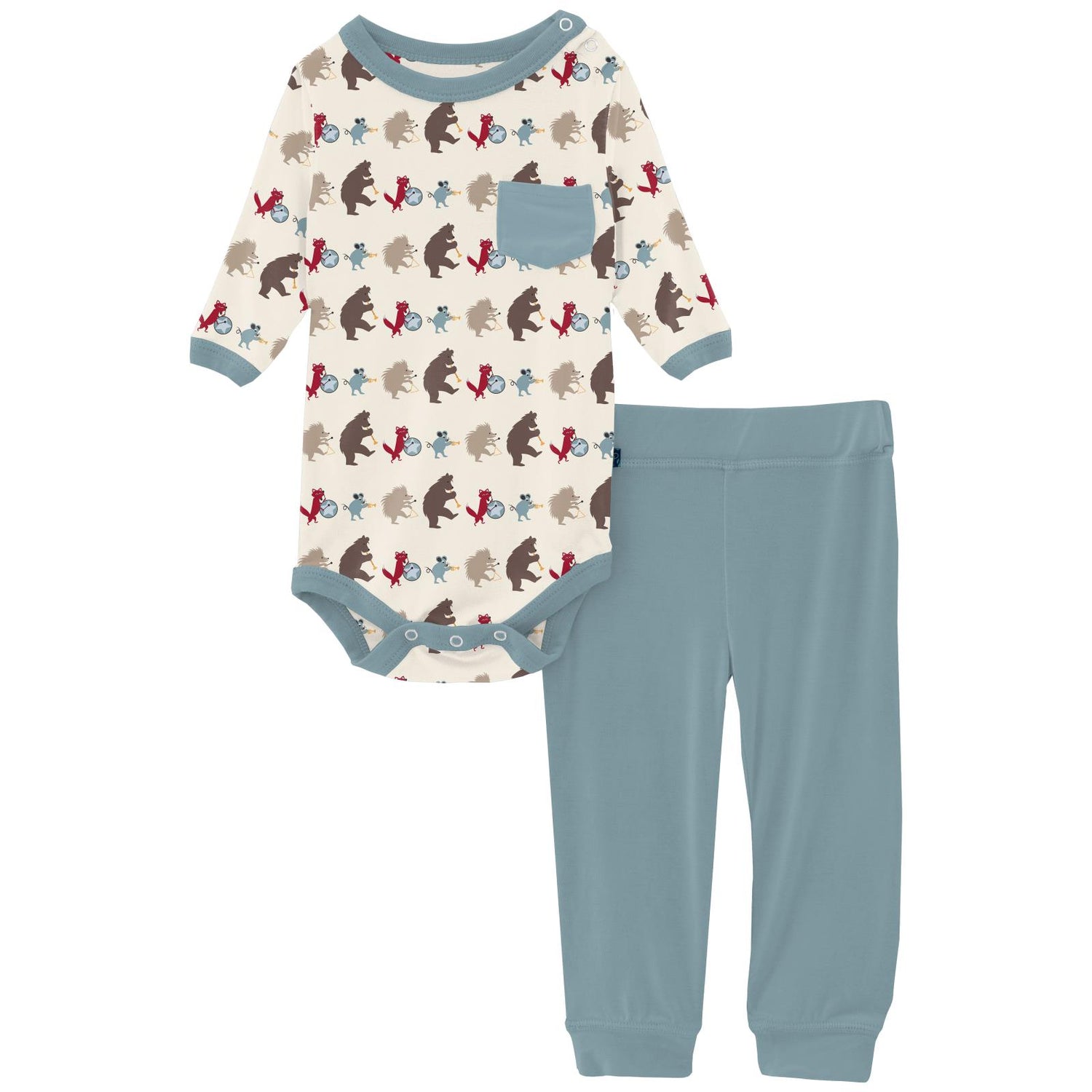 Print Long Sleeve Pocket One Piece & Pants Outfit Set in Natural Marching Band (292963)