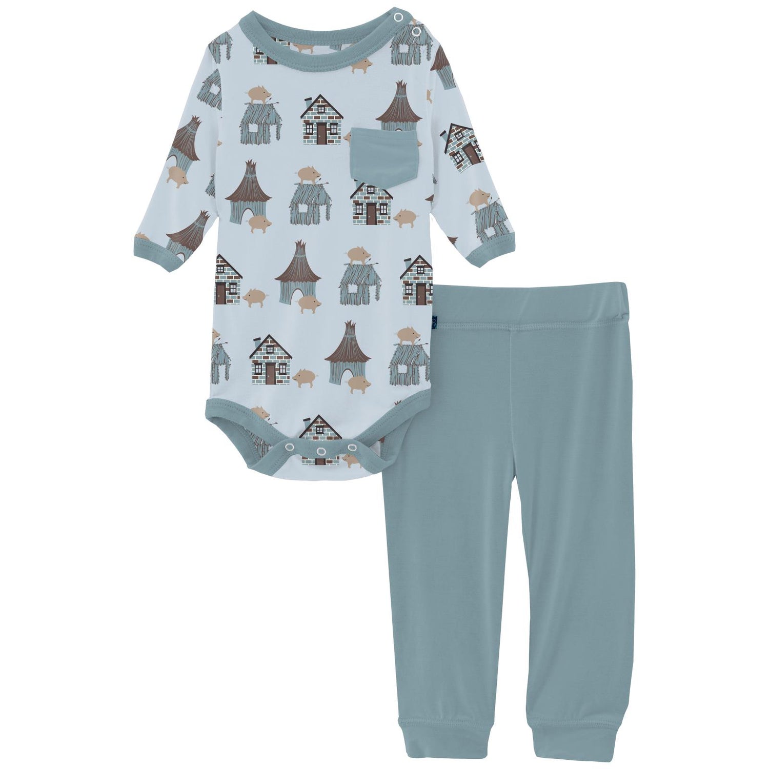 Print Long Sleeve Pocket One Piece & Pants Outfit Set in Illusion Blue Three Little Pigs (293105)