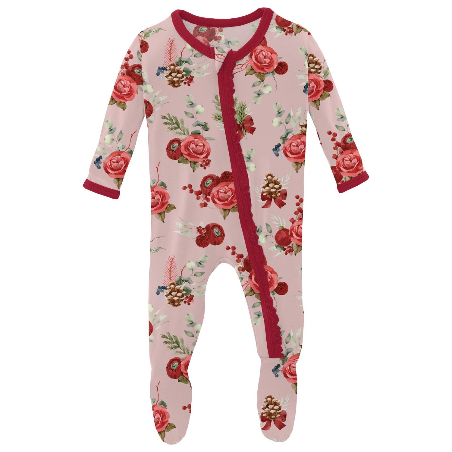 Print Muffin Ruffle Footie with 2 Way Zipper in Baby Rose Holiday Floral (345701)
