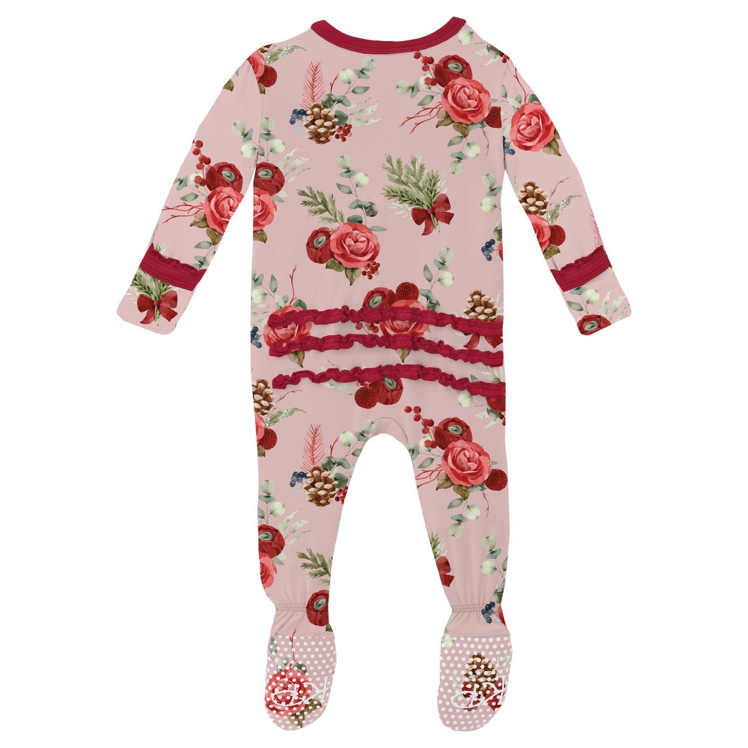 Print Muffin Ruffle Footie with 2 Way Zipper in Baby Rose Holiday Floral (345823)