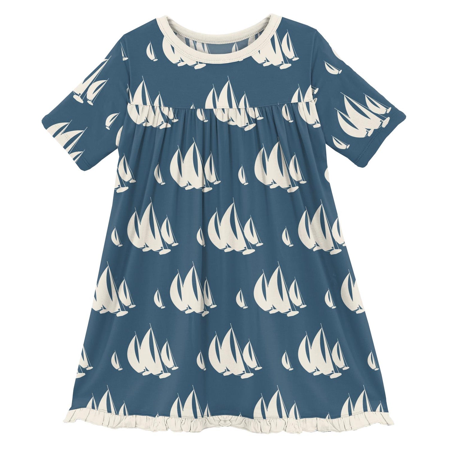 Print Short Sleeve Swing Dress in Deep Sea Sailboat Race (210344)