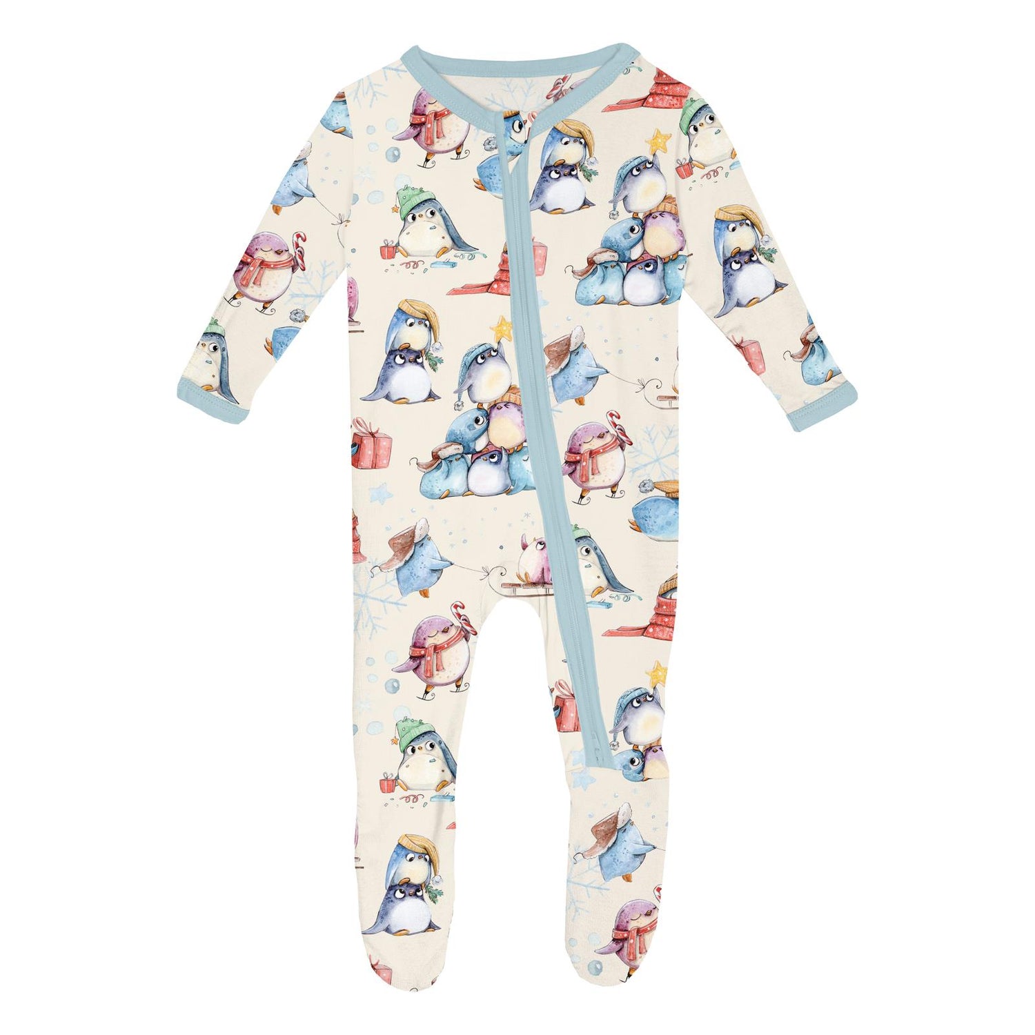 Print Footie with 2 Way Zipper in Natural Silly Penguins (366537)