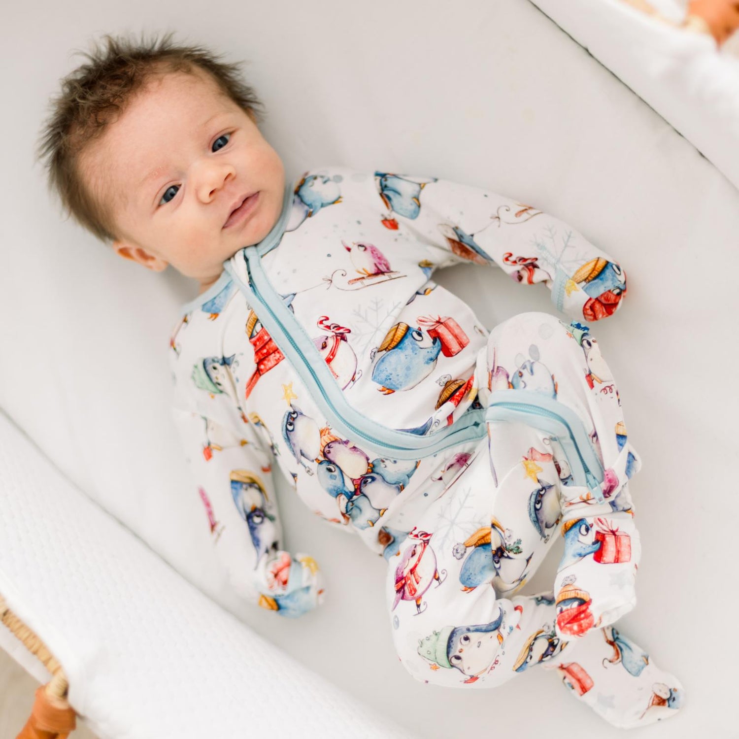 Print Footie with 2 Way Zipper in Natural Silly Penguins (366725)