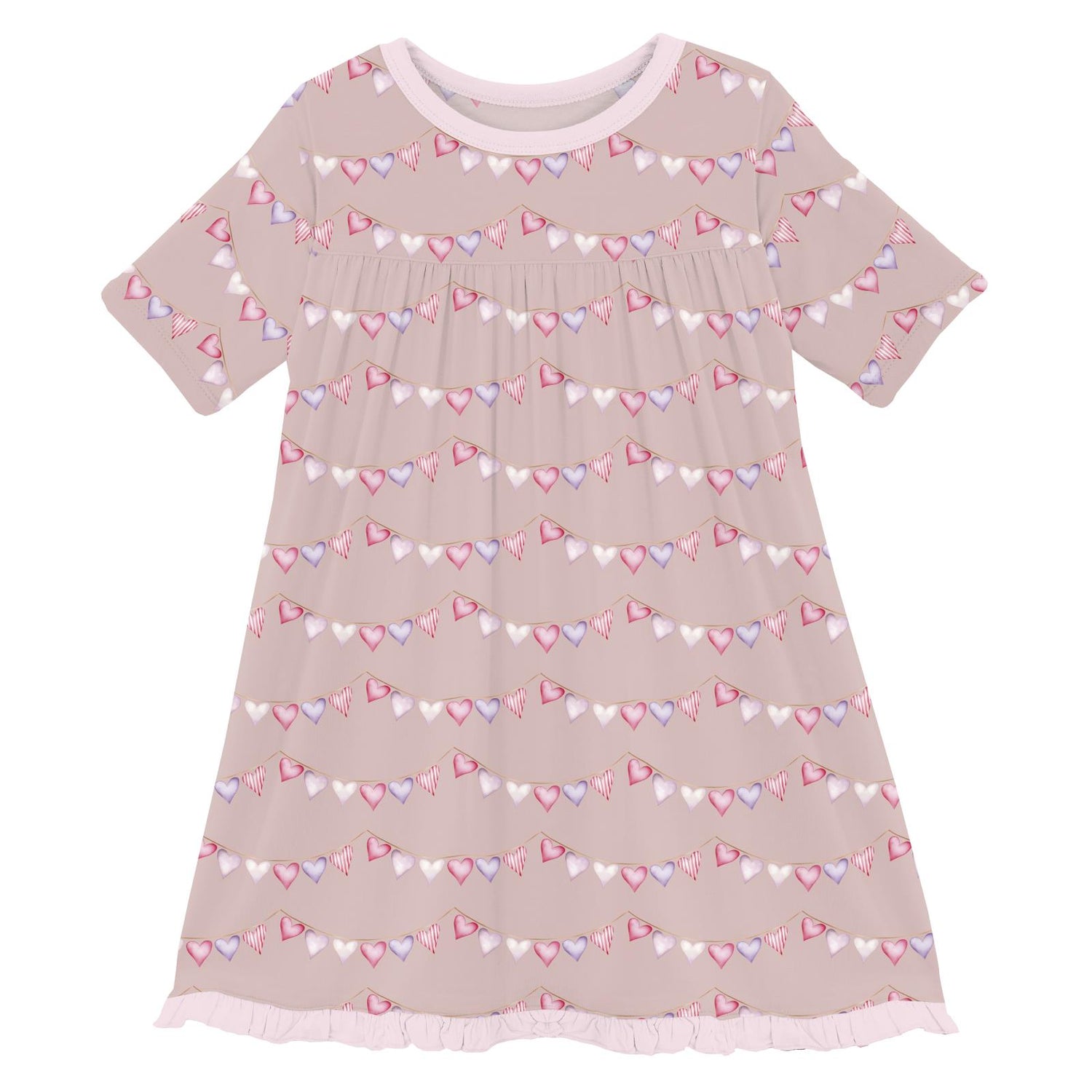 Print Short Sleeve Swing Dress in Baby Rose Heart Bunting (378105)