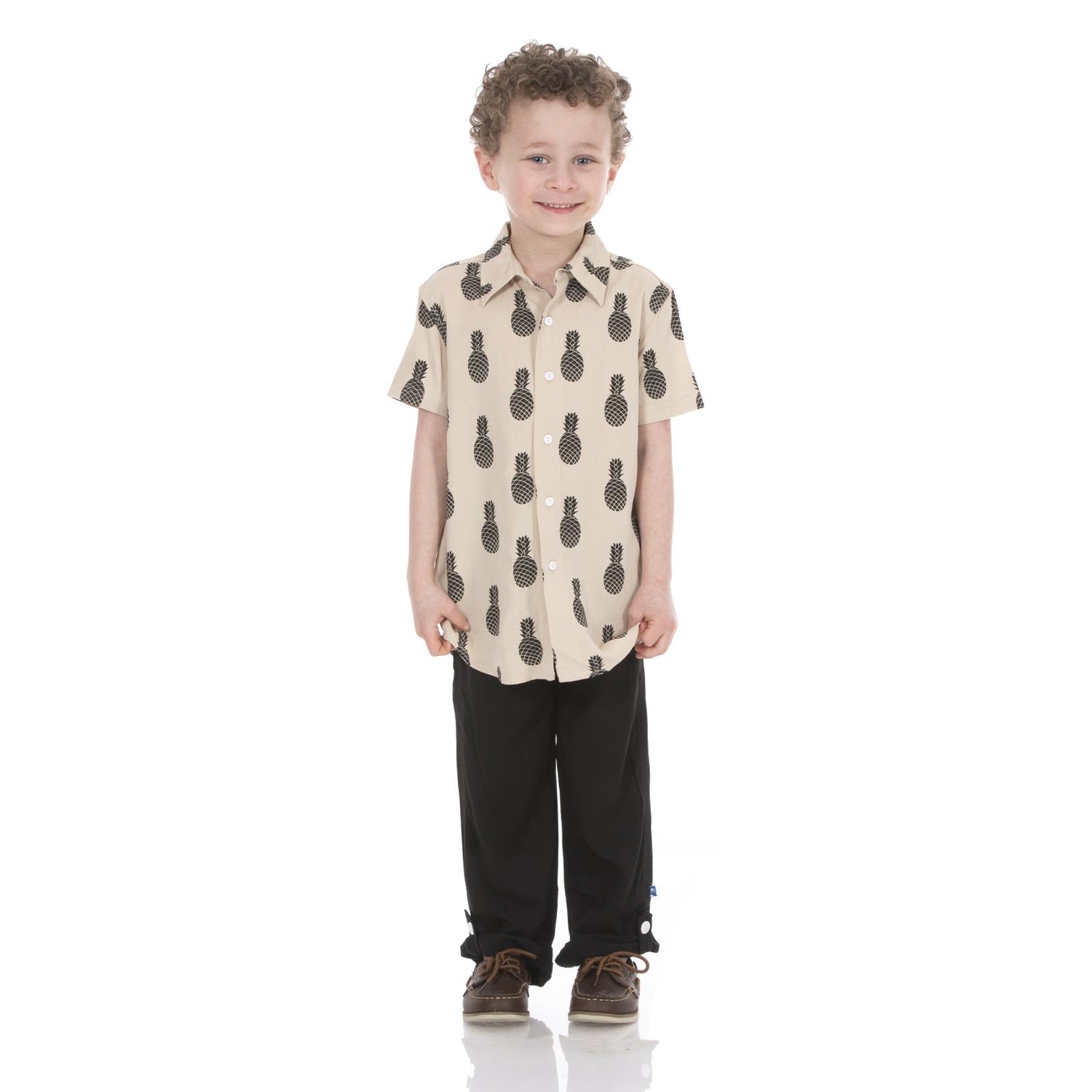 Print Short Sleeve Woven Button Down Shirt in Burlap Pineapples (228471)