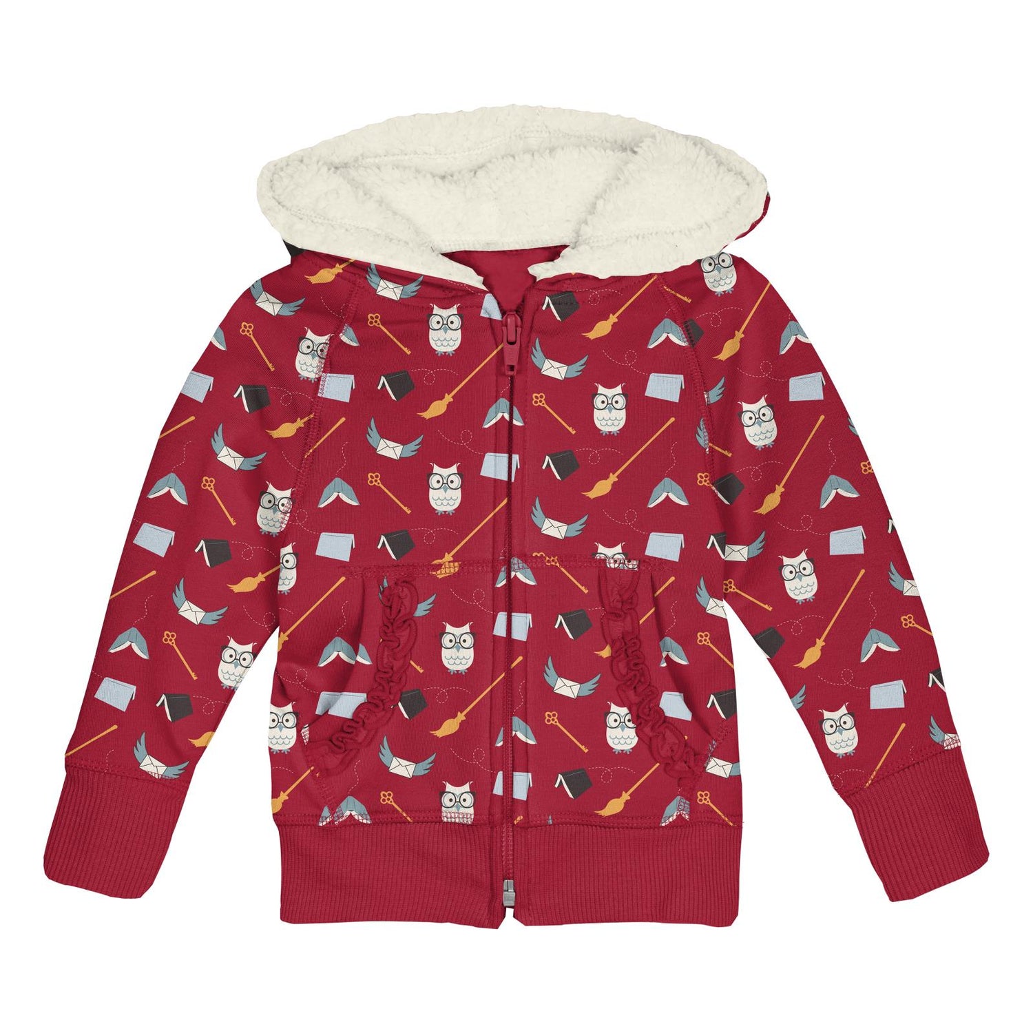 Print Fleece Ruffle Zip-Front Hoodie with Sherpa-Lined Hood in Crimson Magical World (290747)